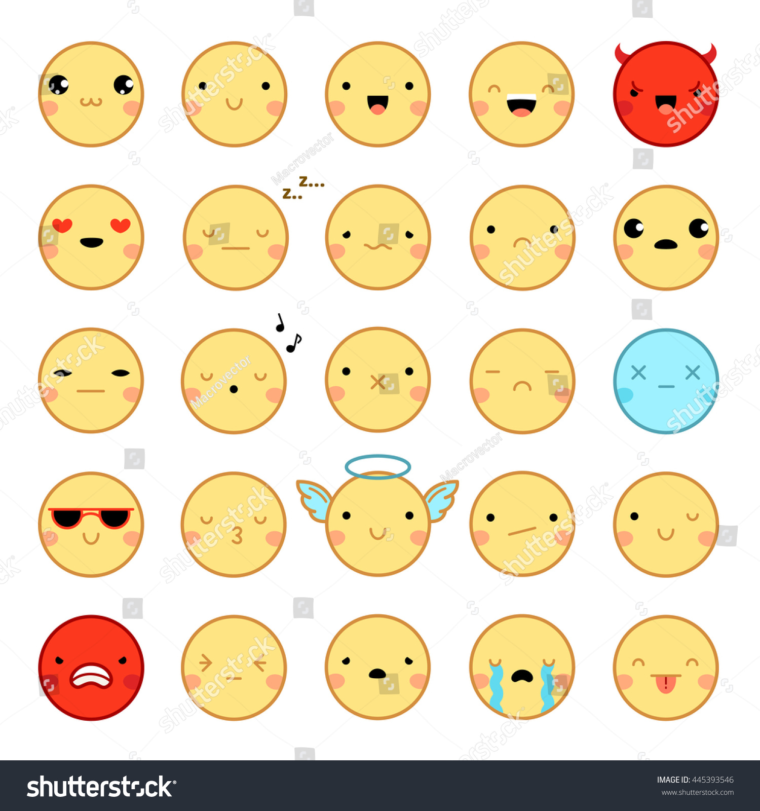 Flat Design Twenty-Five Funny Colorful Emoji Emoticons Set With Various ...