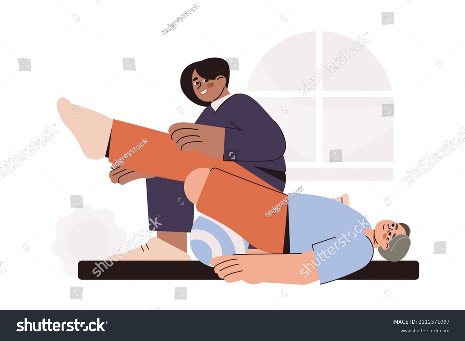 SVG of Flat doctor physiotherapy and patient after limb amputation do exercise on therapeutic ball. Physical therapy specialist help to recovery leg after surgery. Rehab in medical rehabilitation hospital. svg