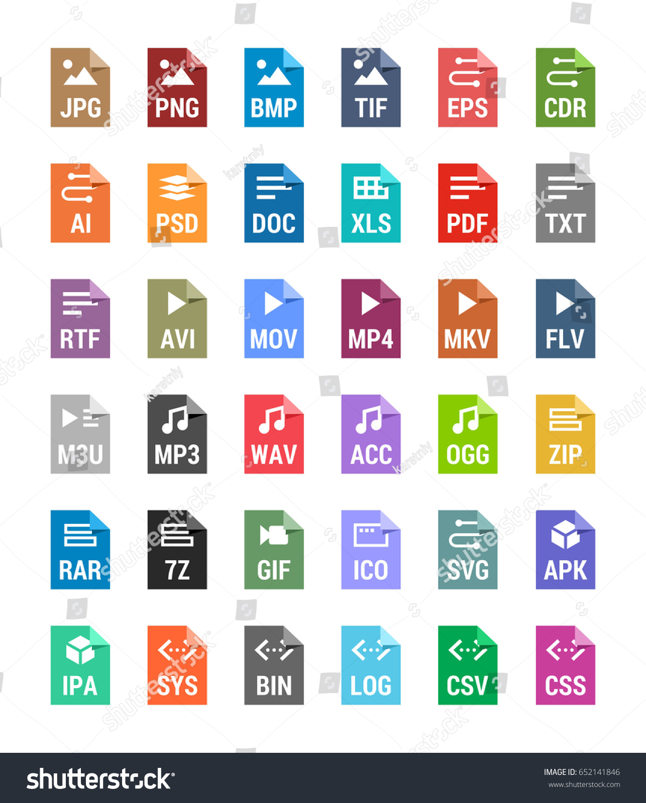 SVG of Flat file types icons. Archive, vector, audio, image, system, document formats svg