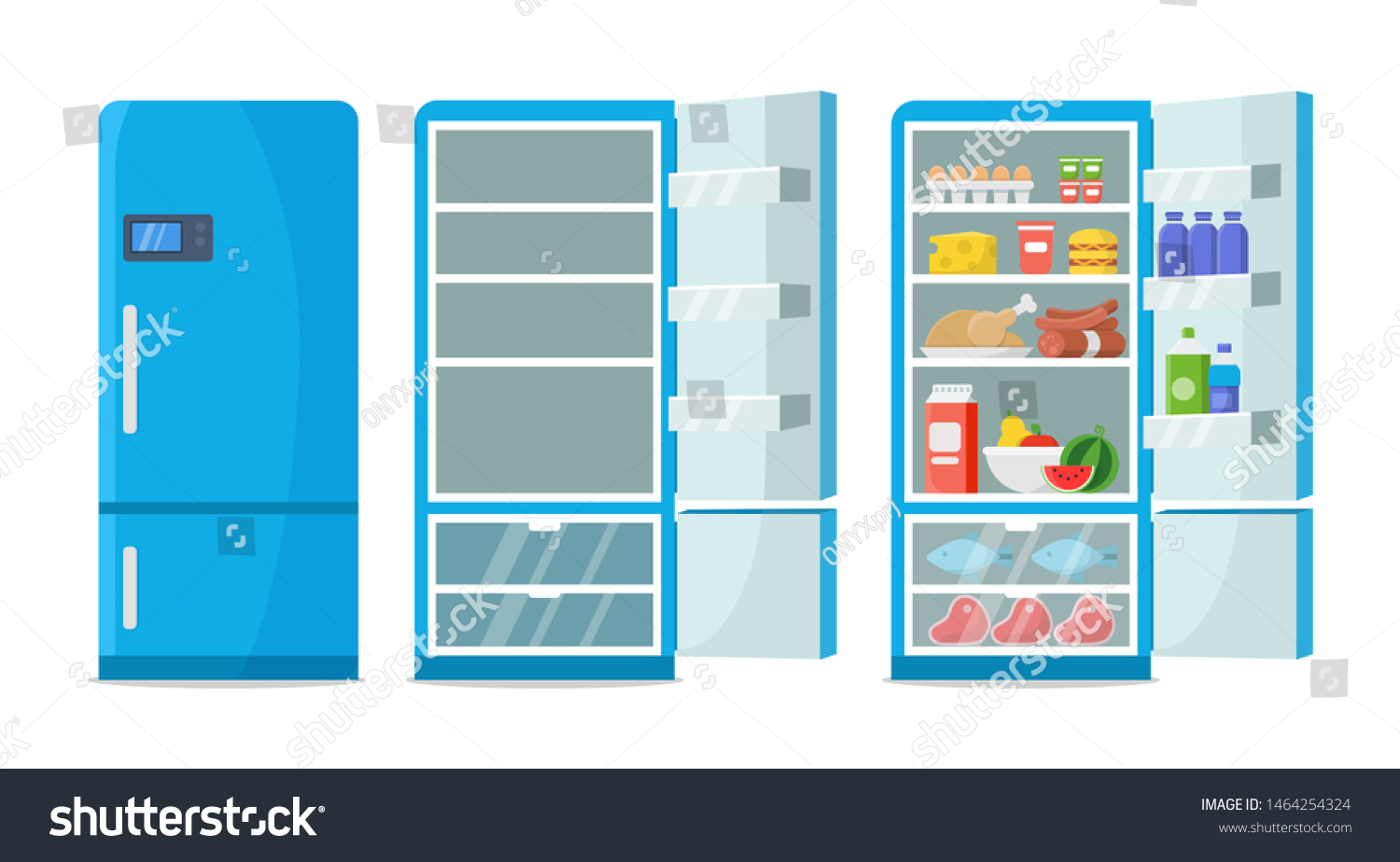 SVG of Flat fridge vector. Closed and open empty refrigerator. Blue fridge with healthy food, water, meet, vegetables. Illustration fridge with food or shelf empty svg