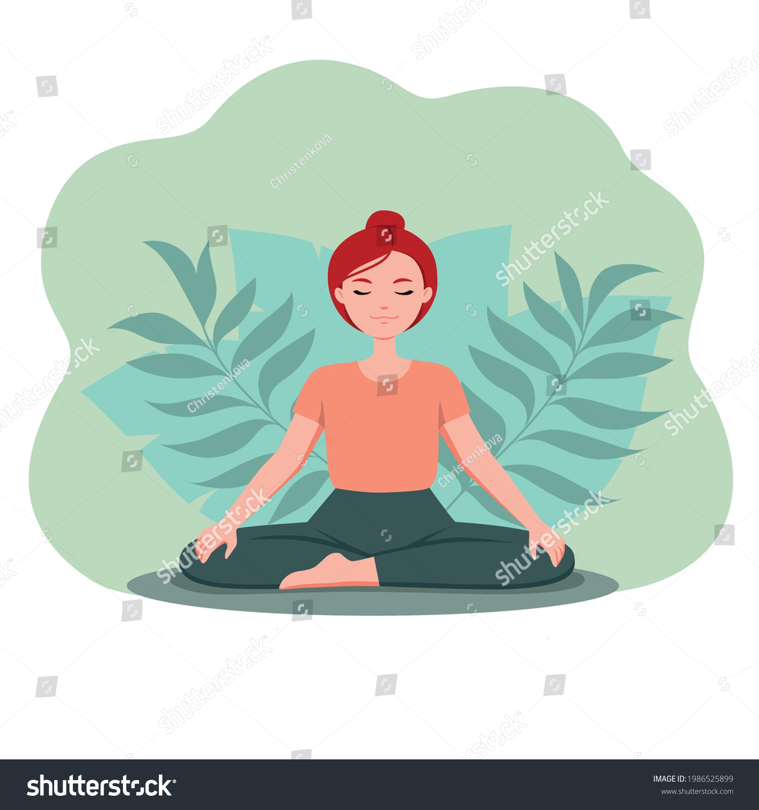 Flat Girl Doing Yoga Meditation Plants Stock Vector (Royalty Free ...