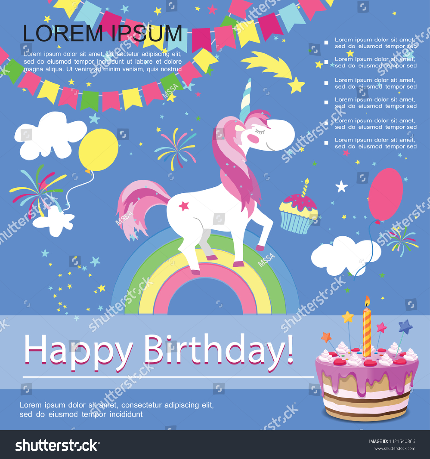 Flat Happy Birthday Colorful Template Unicorn Stock Vector Royalty Free