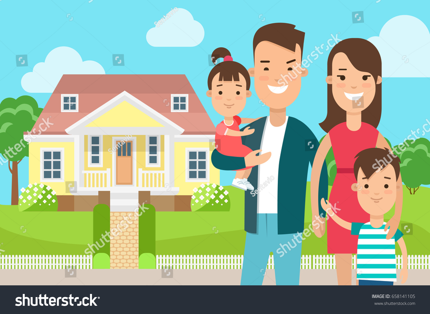 Flat Happy Family On Cosy House Stock Vector (Royalty Free) 658141105 ...