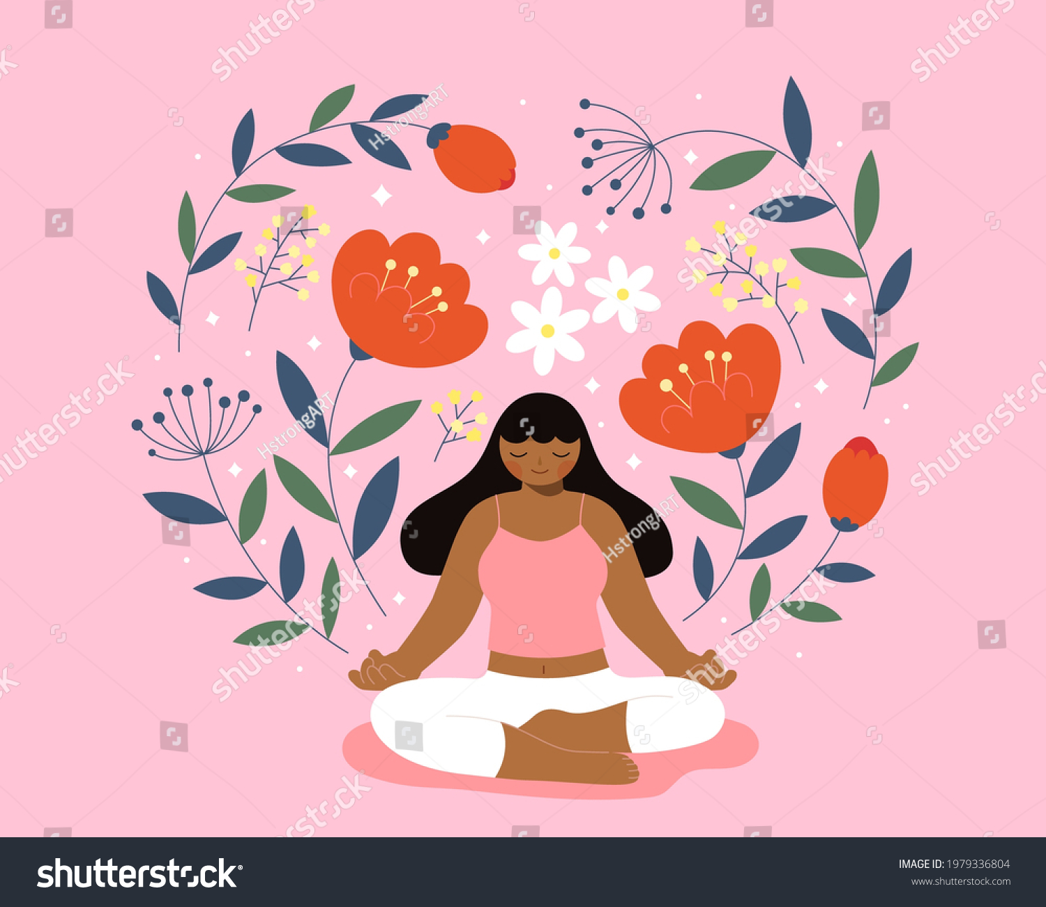 SVG of Flat illustration of an African woman meditating on floral background. Concept of meditation and mindfulness. svg