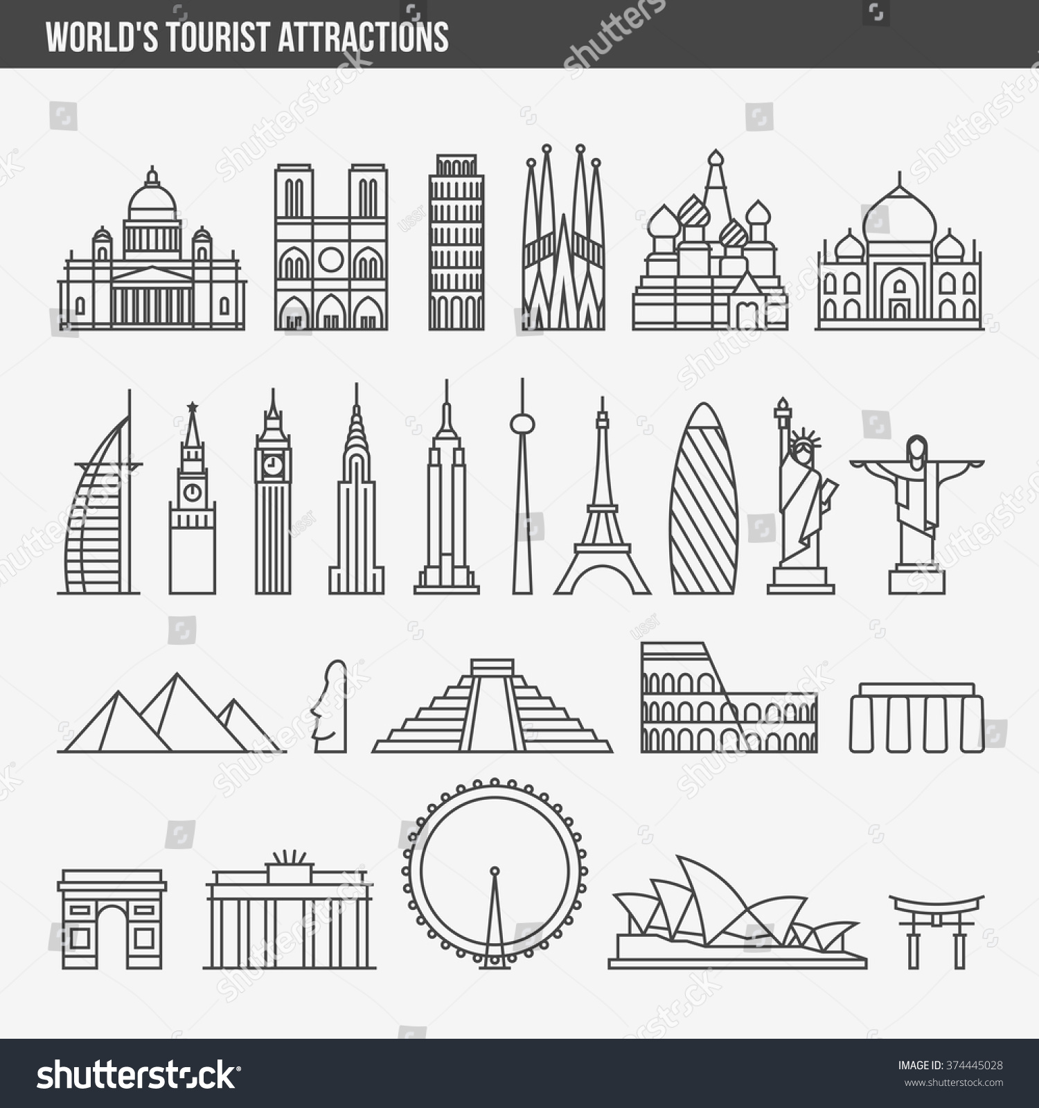 SVG of Flat line design style vector illustration icons set and logos of top tourist attractions, historical buildings, towers, monuments, statues, sculptures and modern architecture svg