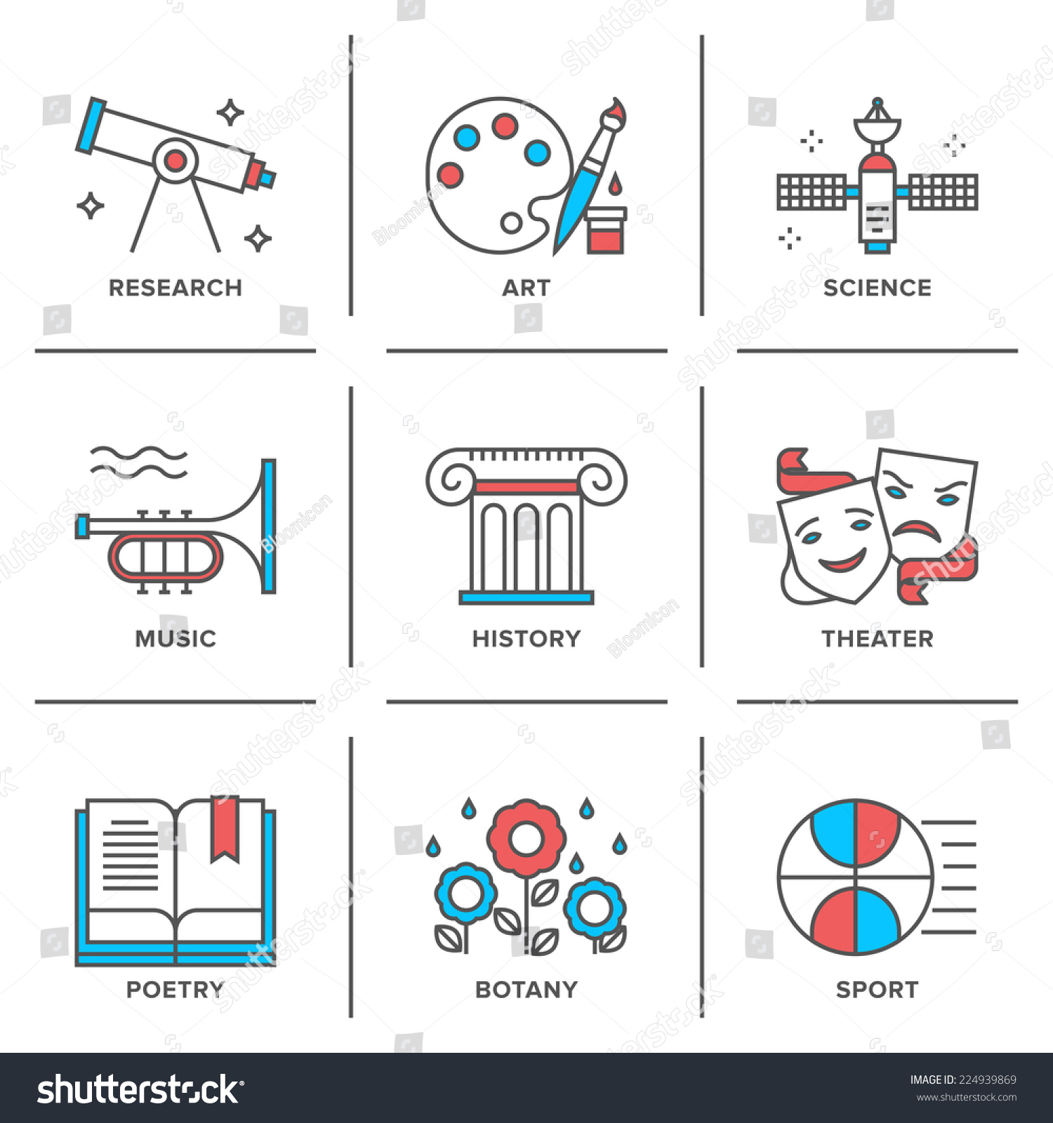SVG of Flat line icons set of education main subjects, schooling symbol and learning elements, studying and educational objects. Modern trend design style vector concept. Isolated on white background. svg
