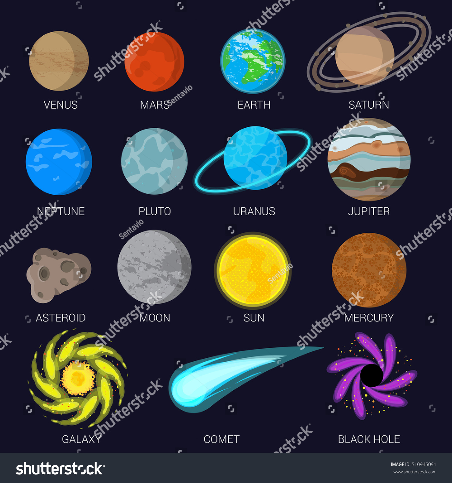 Flat Planets, Galaxy, Comet And Black Hole On Dark Background ...