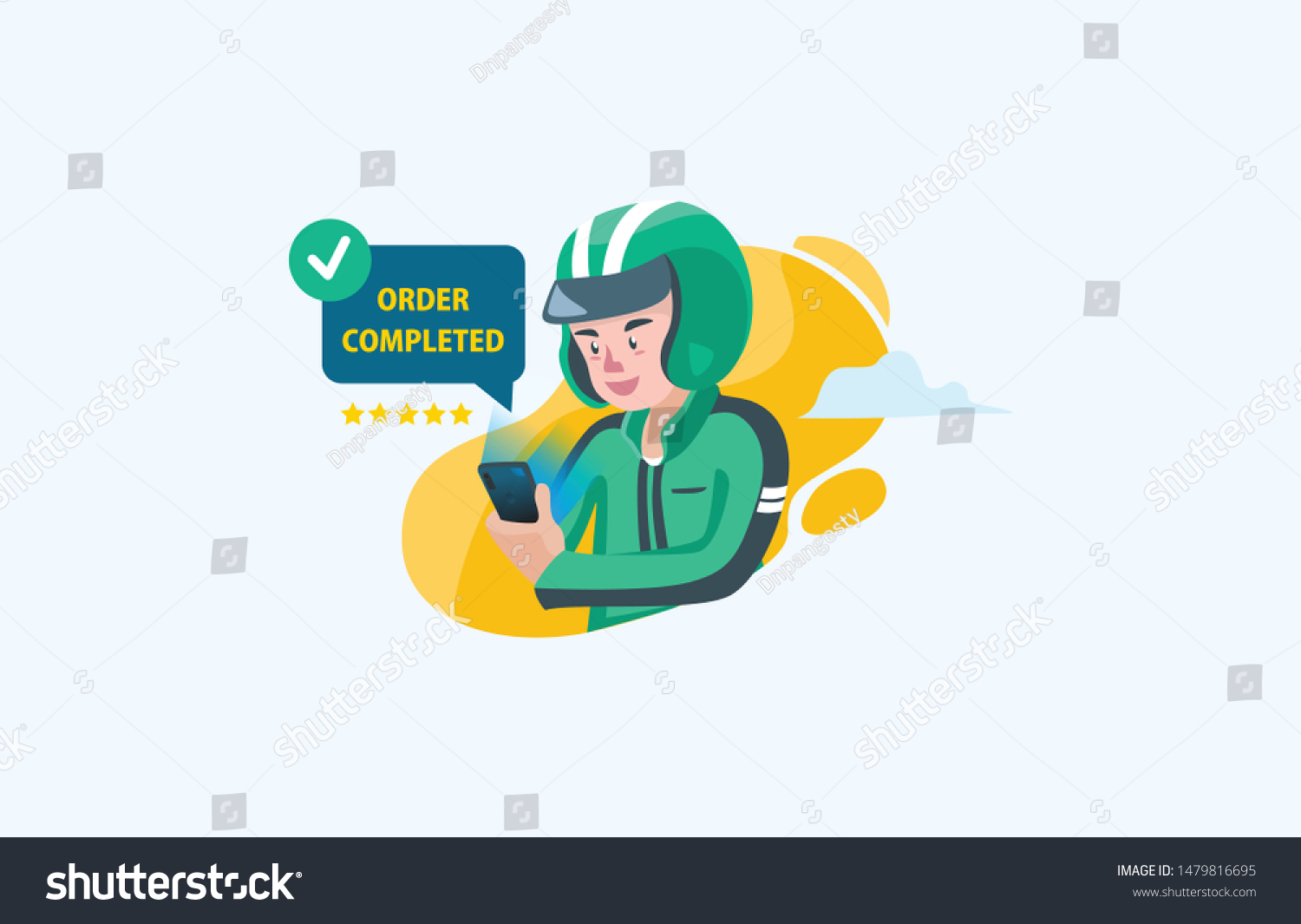 SVG of Flat style illustration of delivery man driver icon and biker completed order and successful task by costumer for ordering food service for landing page and website svg