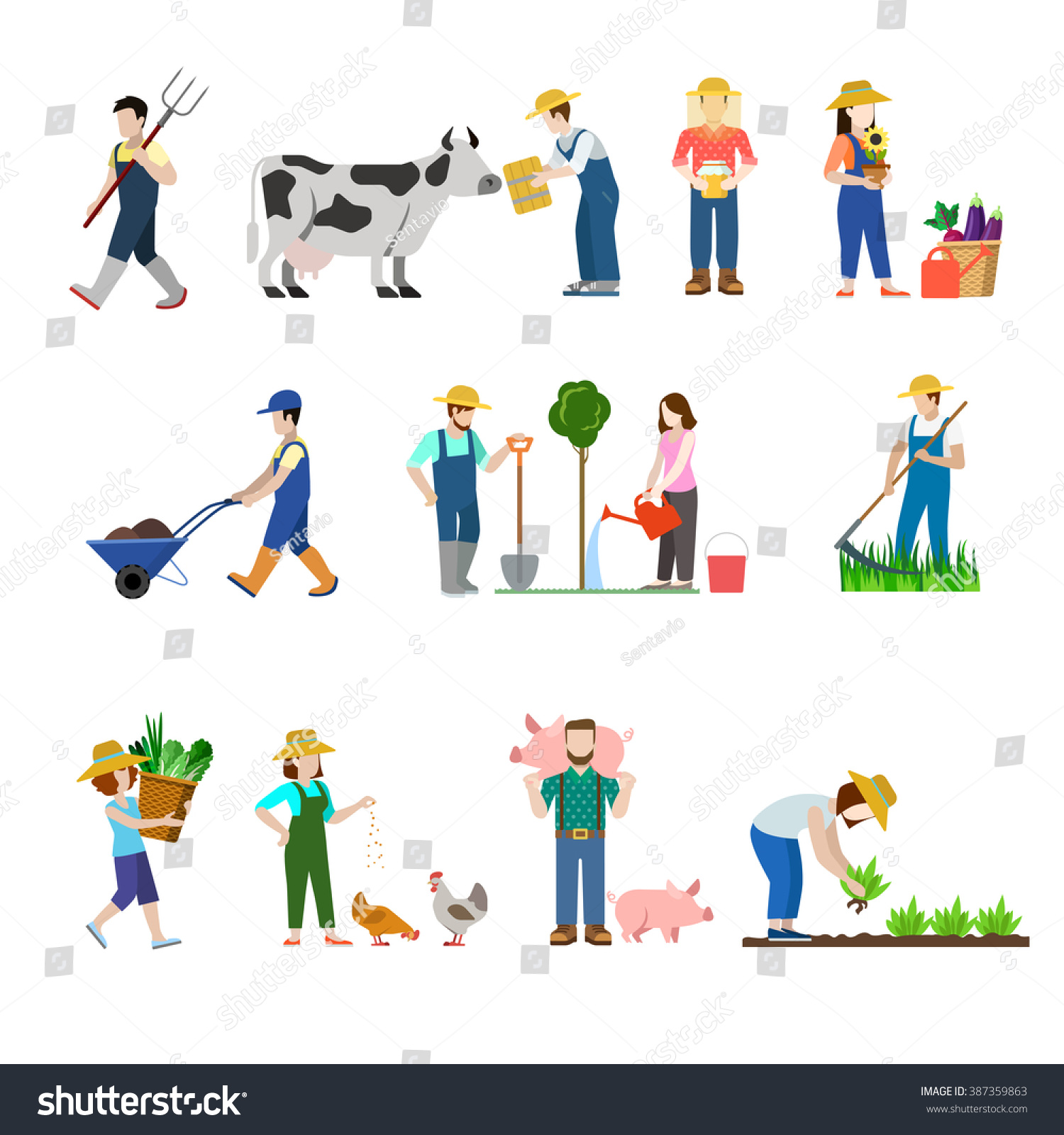 Flat Style Set Farm Profession Worker Stock Vector (Royalty Free) 387359863