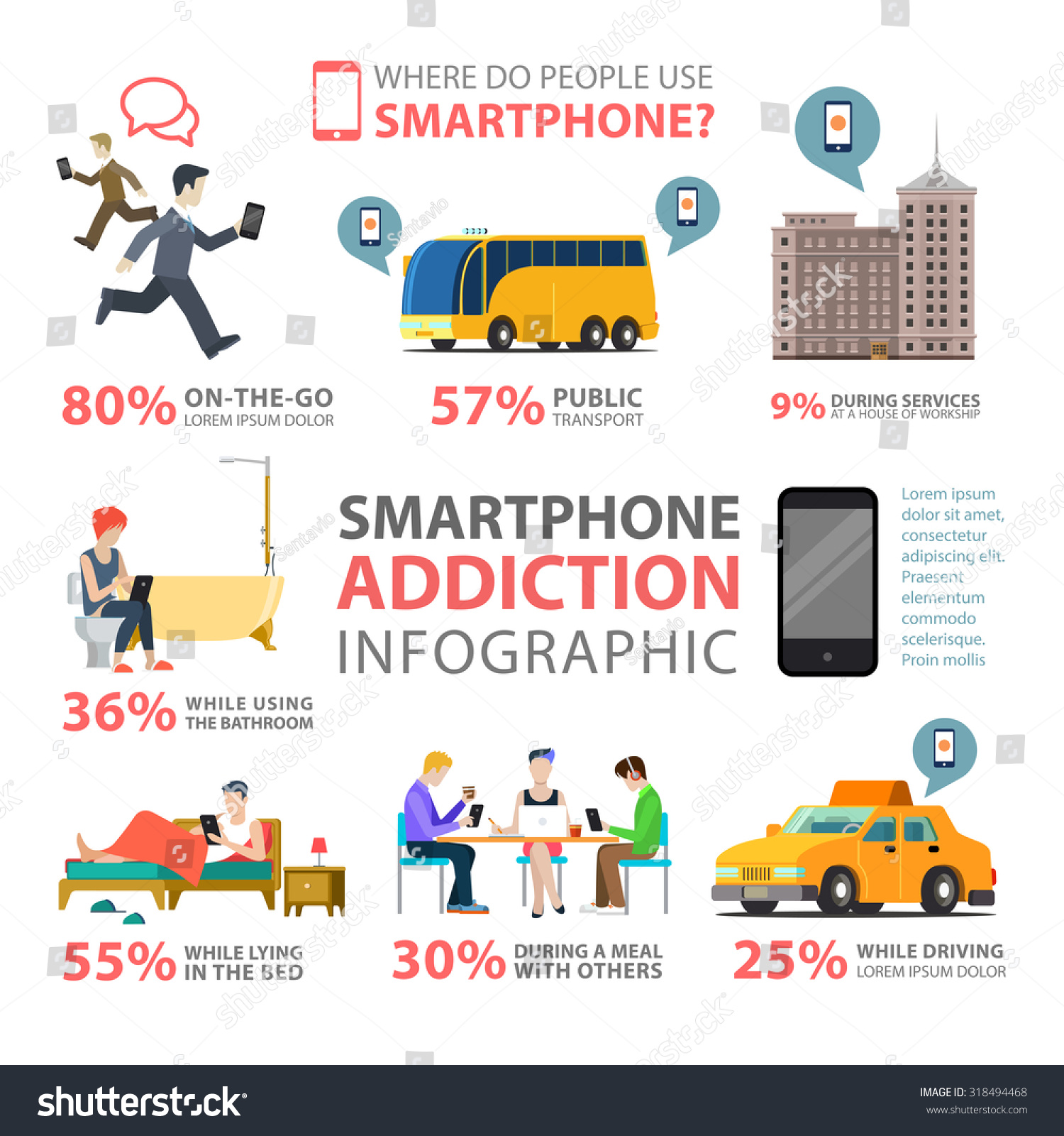 Flat Style Thematic Smartphone Addiction Infographics Stock Vector ...