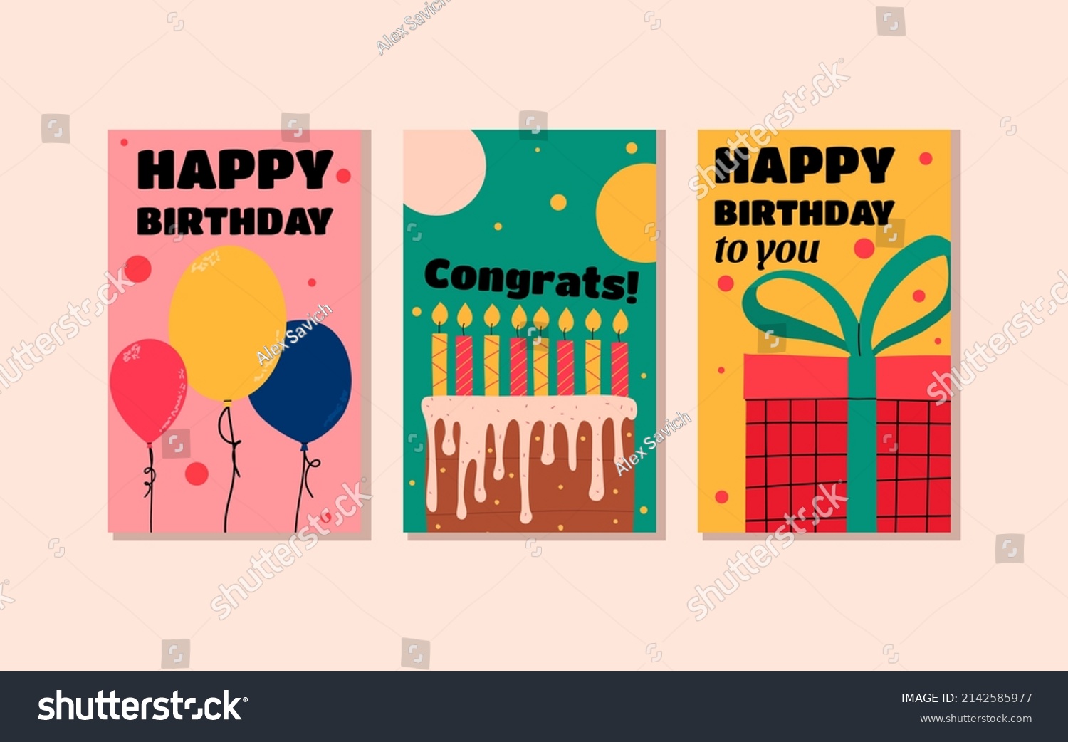 Flat Stylish Birthday Card Design Set Stock Vector (Royalty Free ...