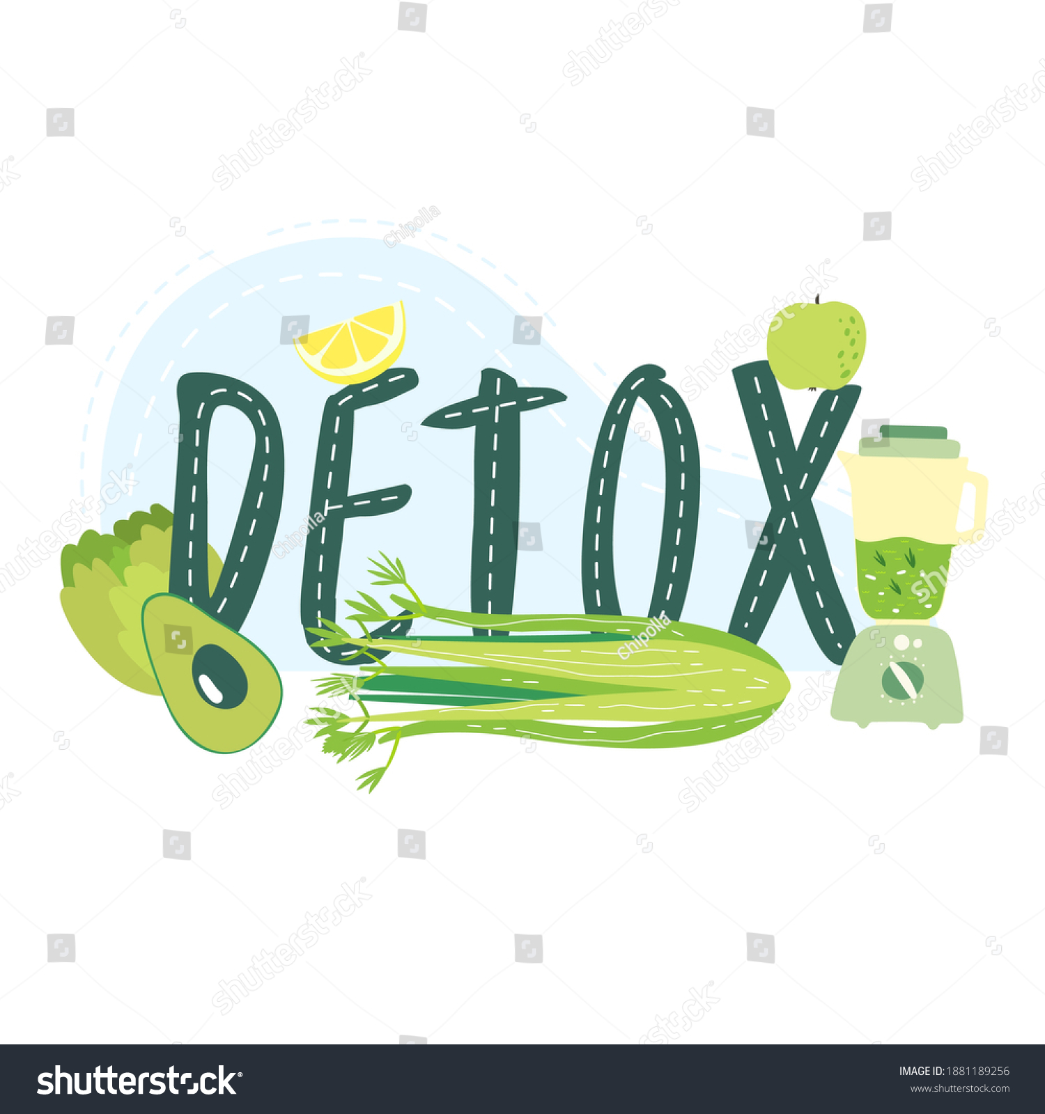 SVG of Flat vector cartoon poster of detox diet. The concept of a healthy diet, detoxification program. Phrase detox surrounded by a Blender, vegetables and fruits on a white background. svg