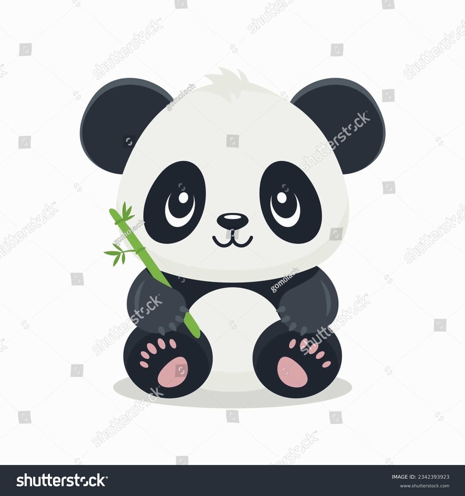 SVG of Flat Vector Cute Cartoon Panda Character with Bamboo. Funny Smiling Sitting Panda Bear in Front View svg