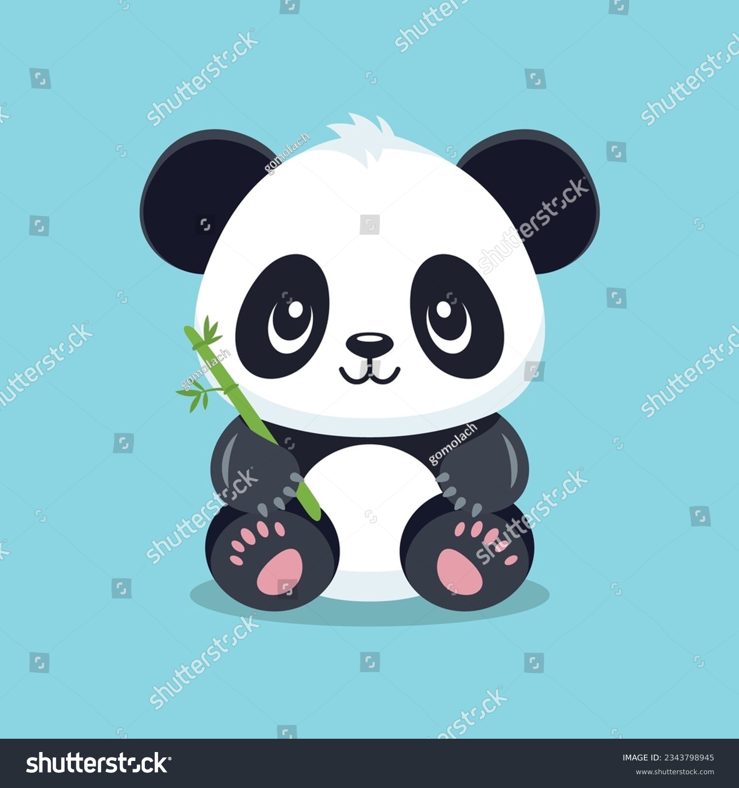 SVG of Flat Vector Cute Cartoon Panda Character with Bamboo. Funny Smiling Sitting Panda Bear in Front View svg