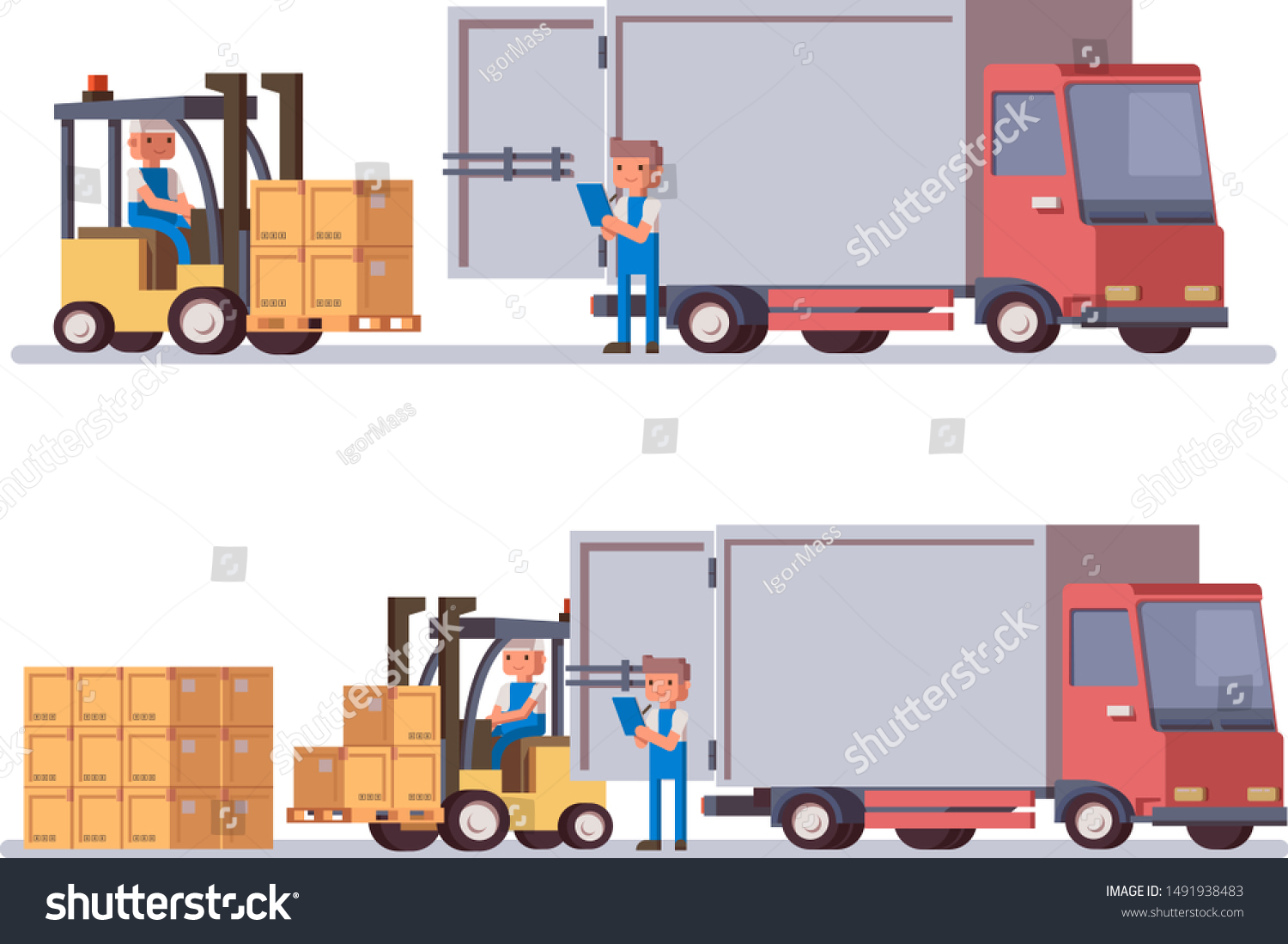 Flat Vector Delivery Truck Forklift Loading Stock Vector Royalty Free 1491938483