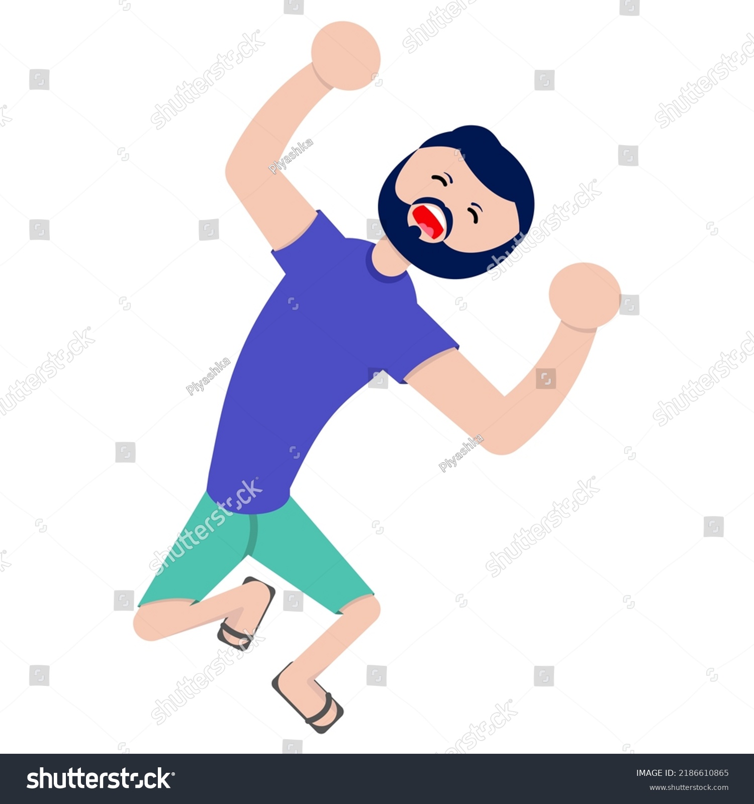 SVG of flat vector illustration. joyful man in a blue t-shirt and green shorts in flight 20-30 years old. for book, covers. svg