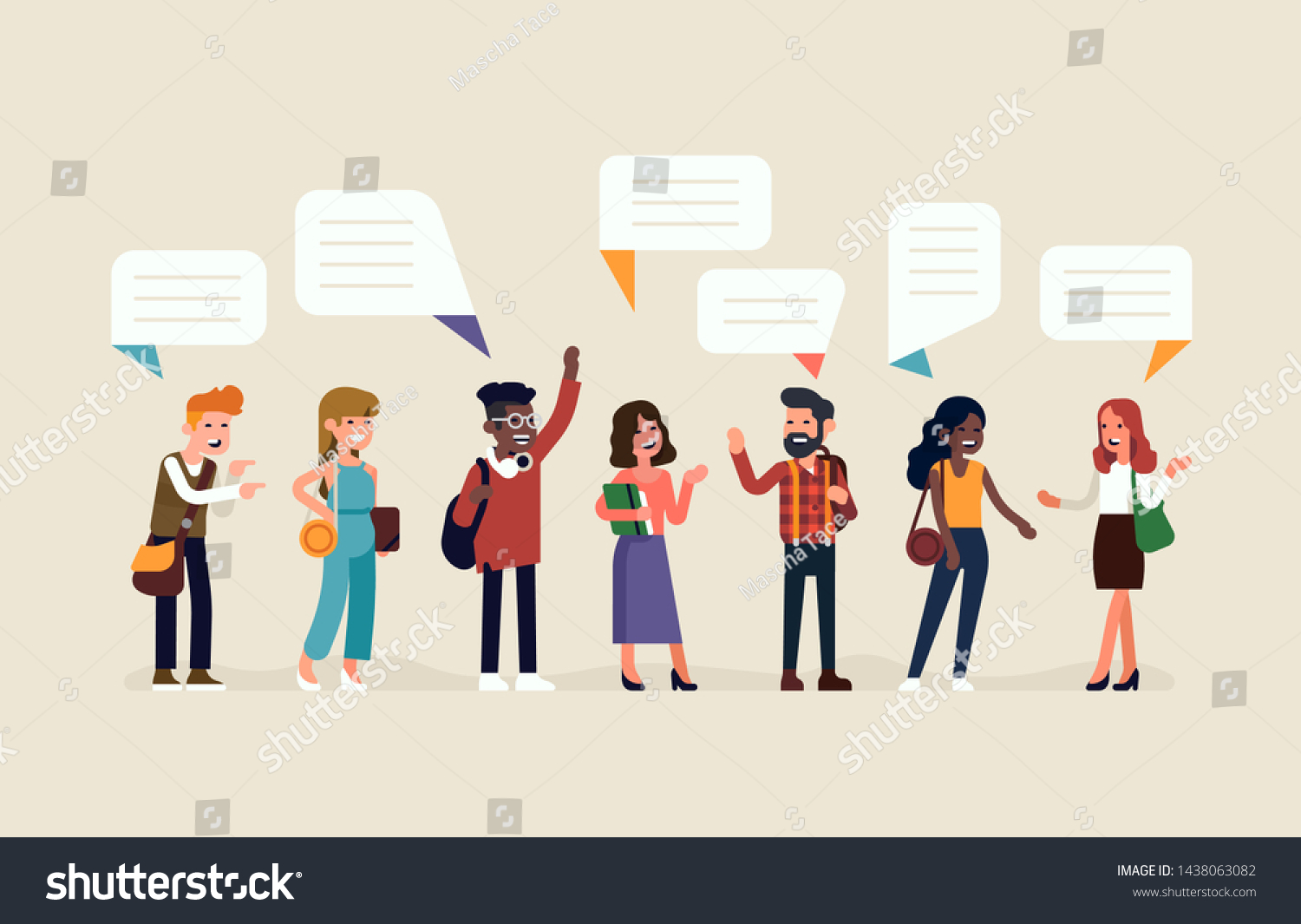 SVG of Flat vector illustration on talking and discussion. Diverse group of positive characters talking to each other. Different people in conversation and interaction poses svg
