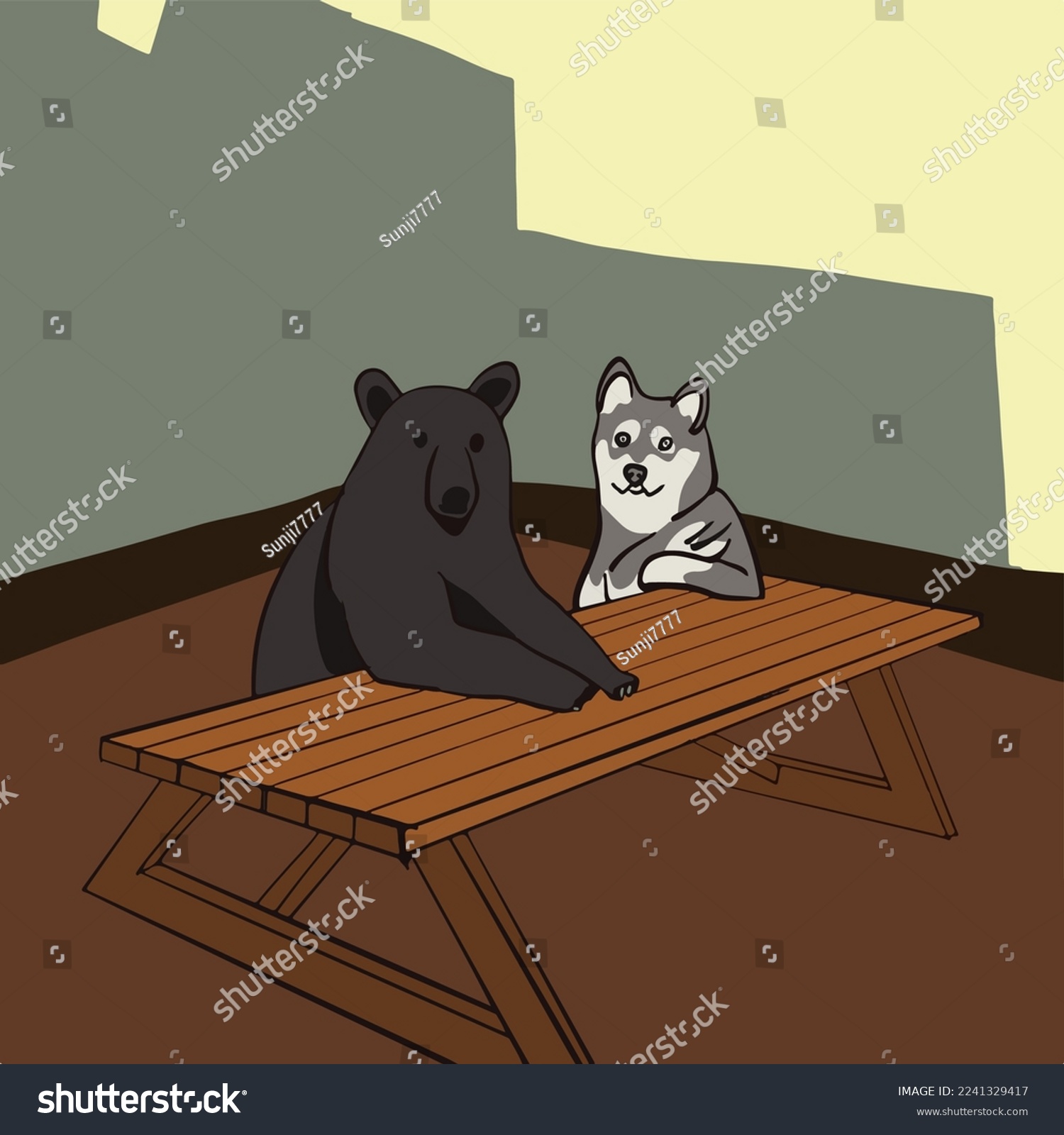 SVG of Flat vector of big bear and dog sit on table, wild wild animals with brown fur, cartoon characters of large mammals. svg