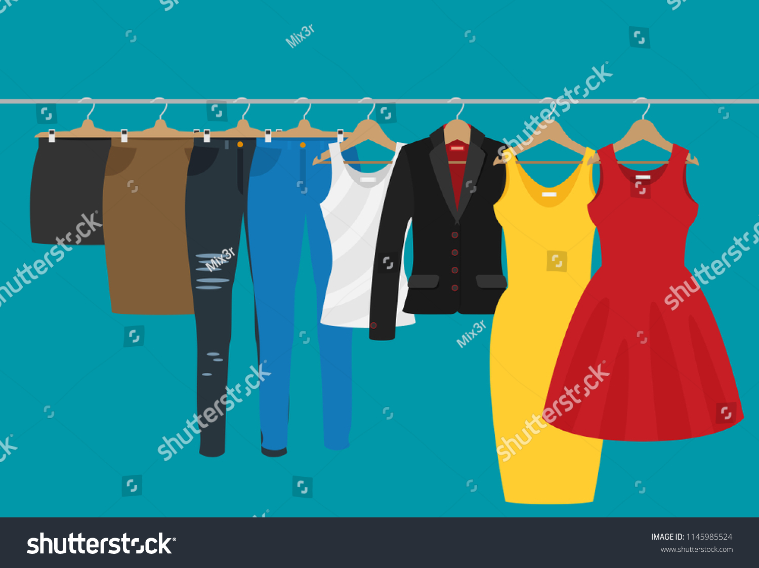 Flat Vector Racks Clothes On Hangers Stock Vector (Royalty Free) 1145985524