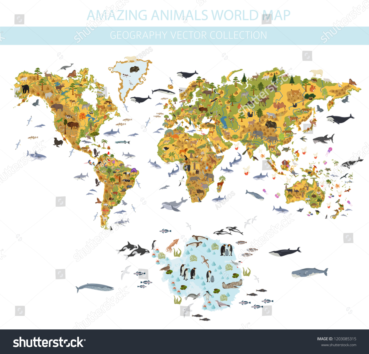 SVG of Flat world flora and fauna map constructor elements. Animals, birds and sea life isolated big set. Build your own geography infographics collection. Vector illustration svg