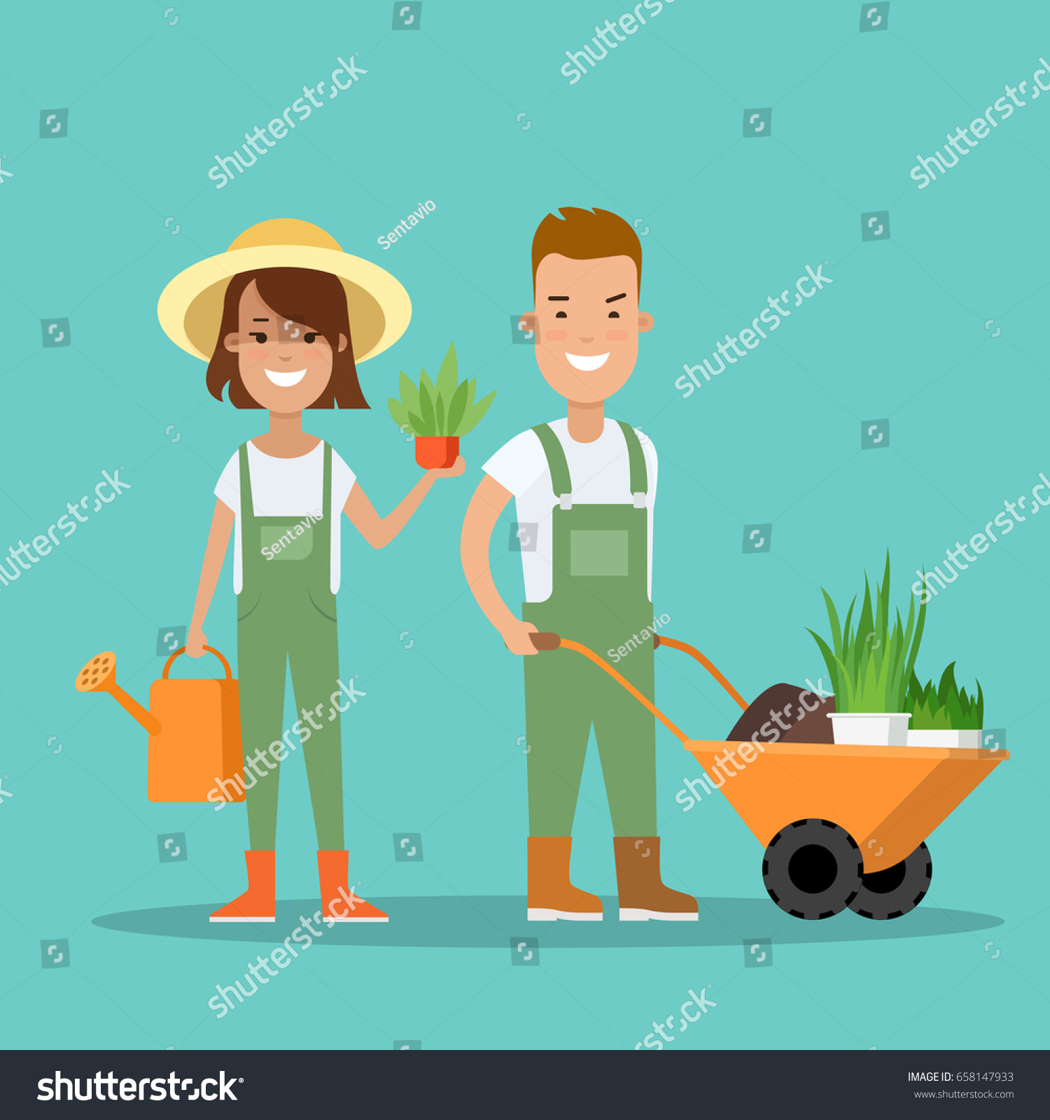 Flat Young Man Woman Holding Plant Stock Vector 658147933 - Shutterstock