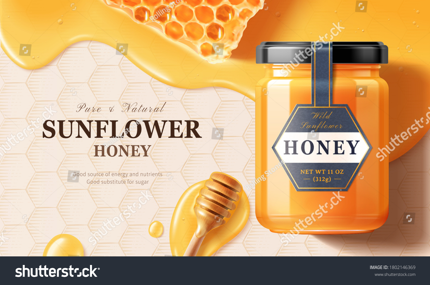 SVG of Flay lay of honey jar over liquid with honey dipper in 3d illustration on honeycomb engraved background svg