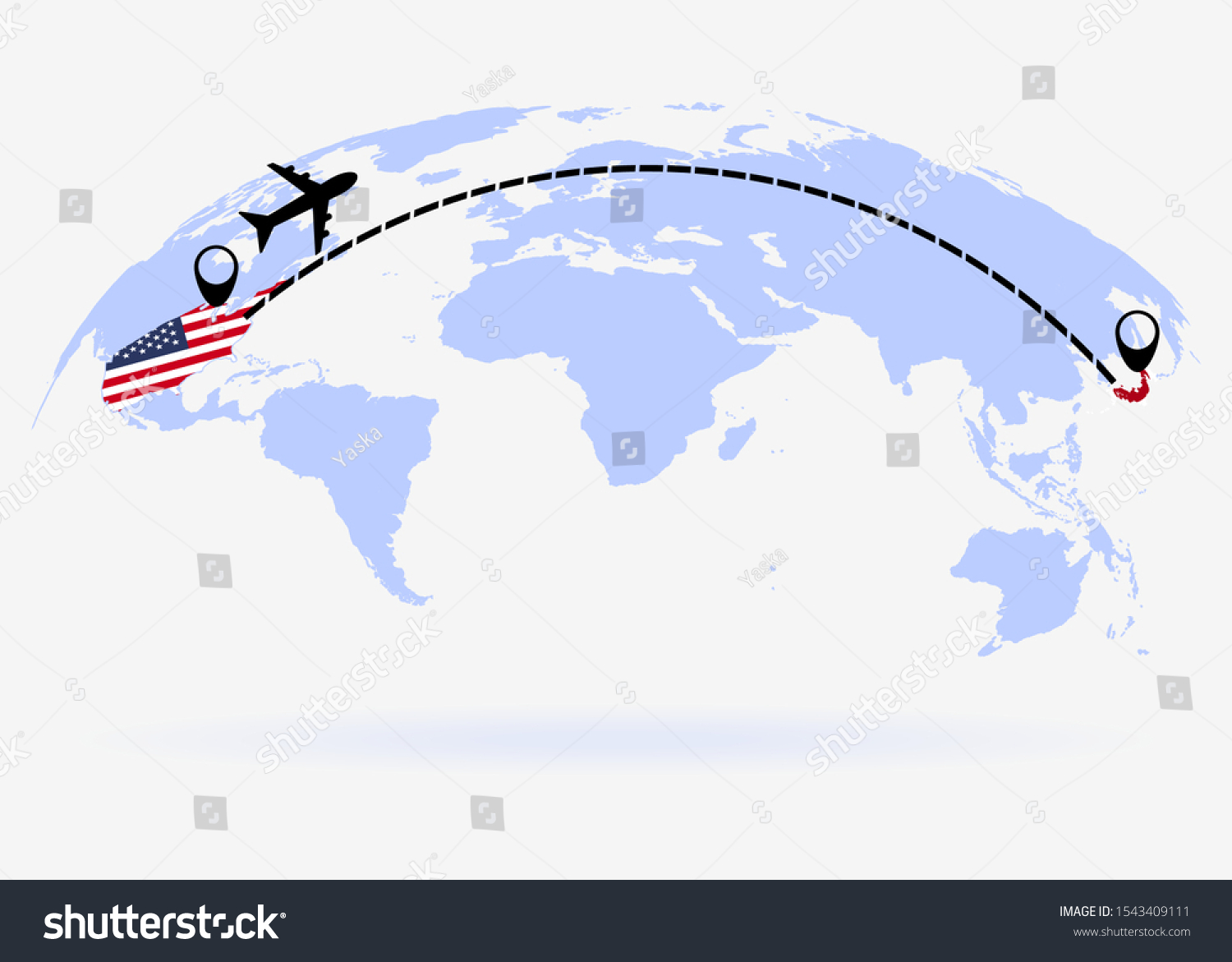 Flight Usa Japan Above World Map Stock Vector Royalty Free