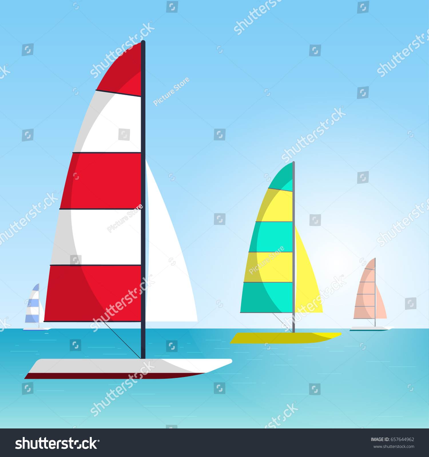 SVG of Floating boat Vector illustration Four multi colored sailboats are sailing on the sea Water sports Cartoon style svg
