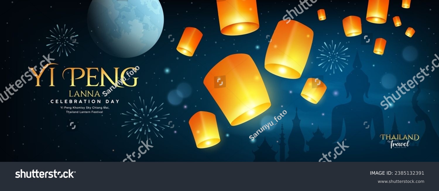 SVG of Floating lantern, Loy Krathong and Yi Peng lantern festival in Chiang Mai, thailand, banner on full moon and firework righting night background, Eps 10 vector illustration
 svg
