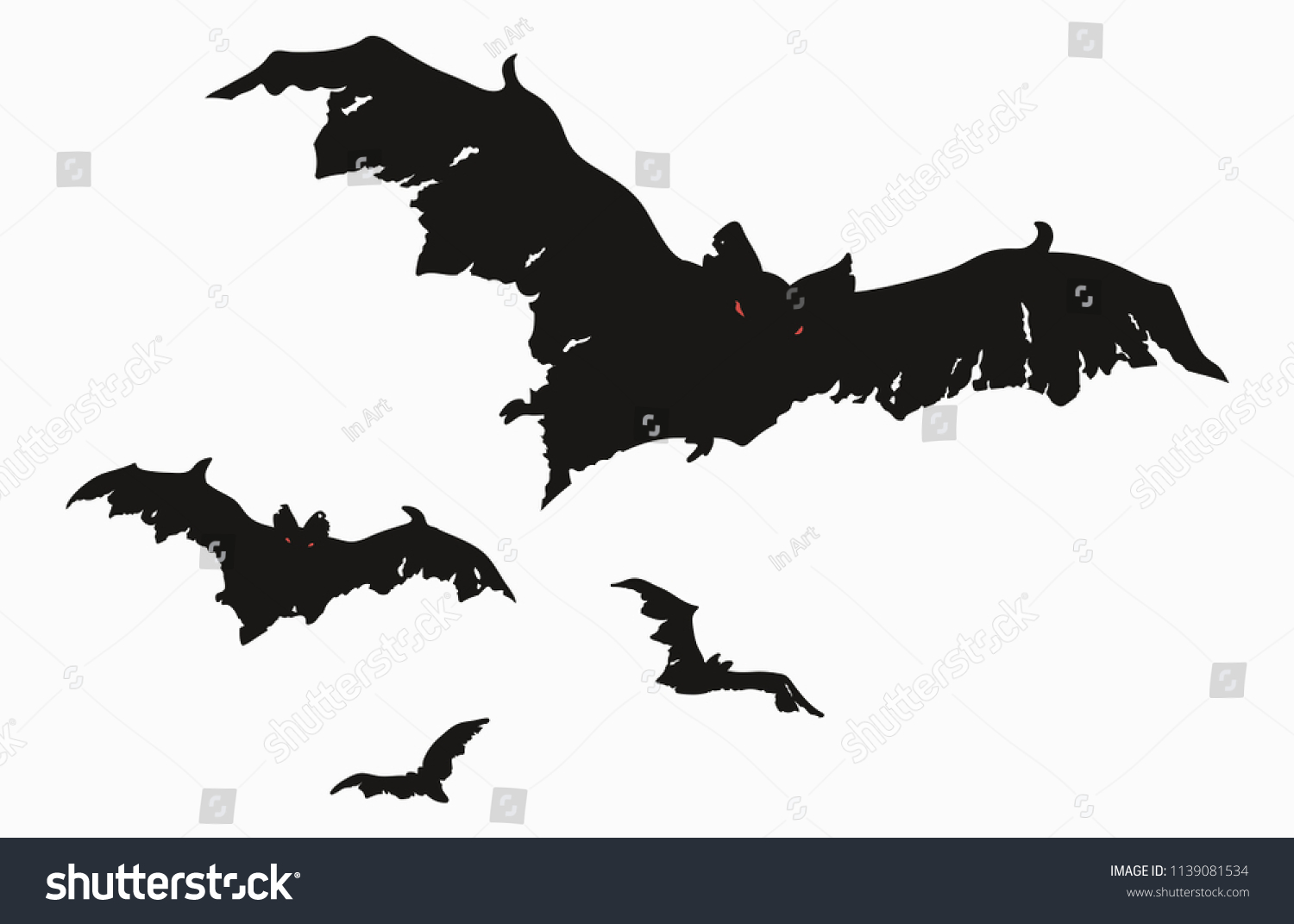 コウモリの群れ 羽が切れたコウモリの黒いシルエットのセット バットゾンビのコレクション ハロウィーンの怪物のイラスト 夜の生き物の絵 空飛ぶ悪魔 タトゥー のベクター画像素材 ロイヤリティフリー