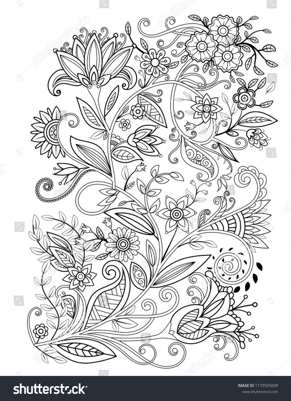 Floral Adult Coloring Page Black White Stock Vector (Royalty Free ...