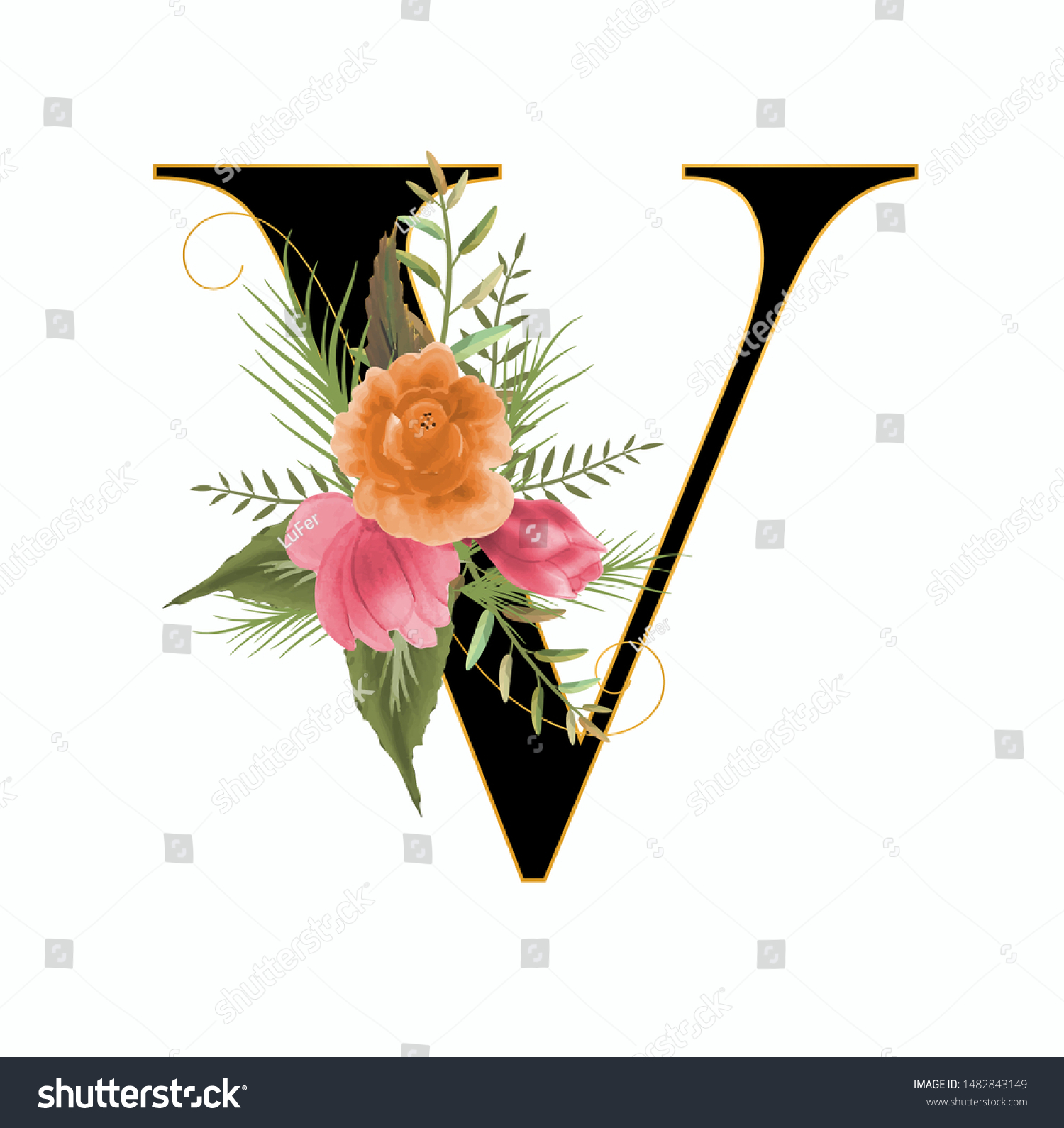 Floral Alphabet Font V Watercolor Flowers Stock Vector Royalty Free 1482843149