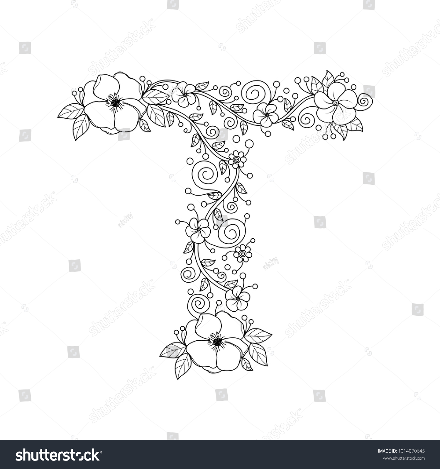 Floral Alphabet Letter T Coloring Book Stock Vector Royalty Free
