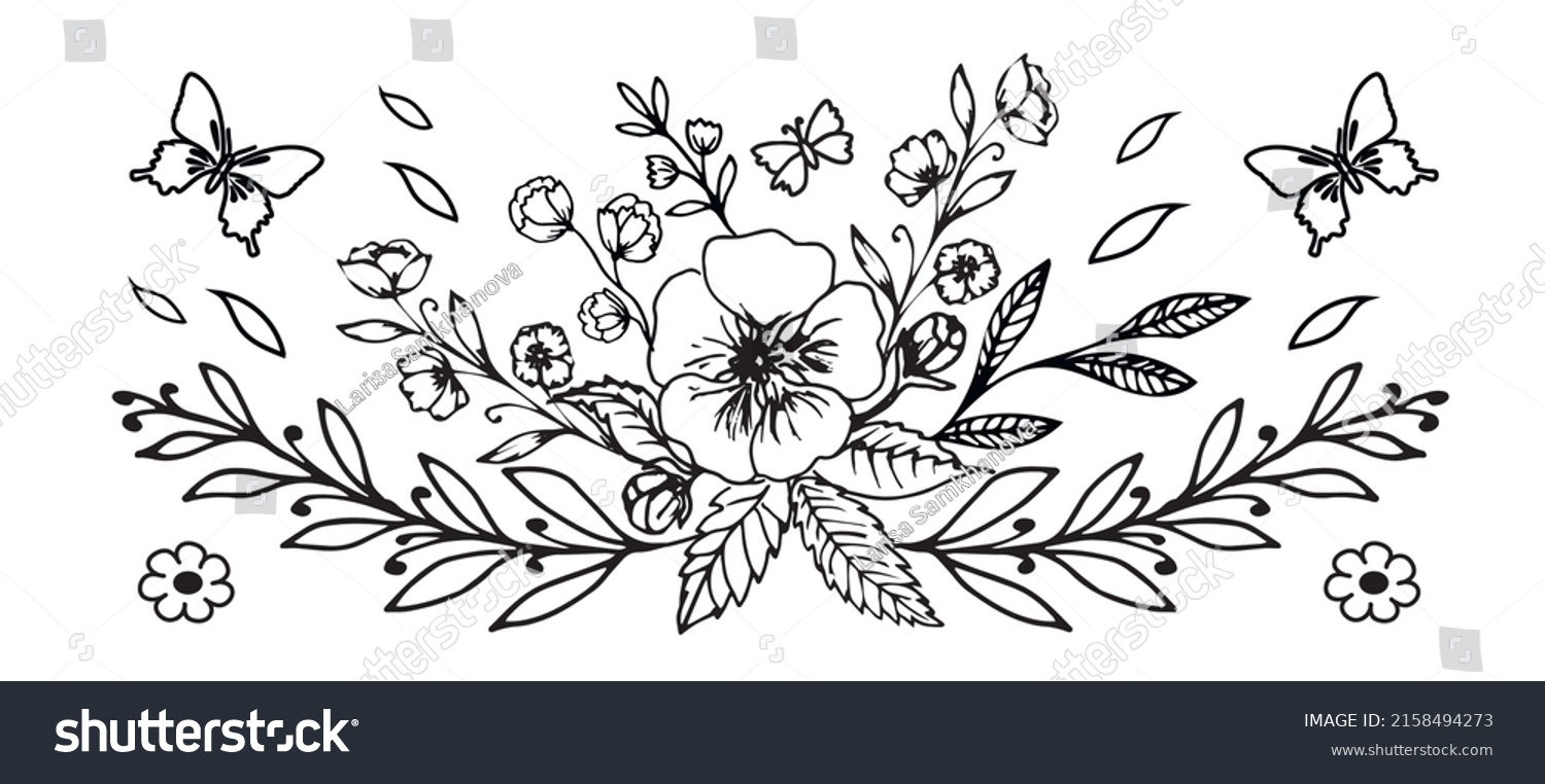 SVG of Floral and Floral Cut File. Flower arrangement. Flowers SVG.  Flower bouquet.  Black white Line design  vector illustration. 
 svg