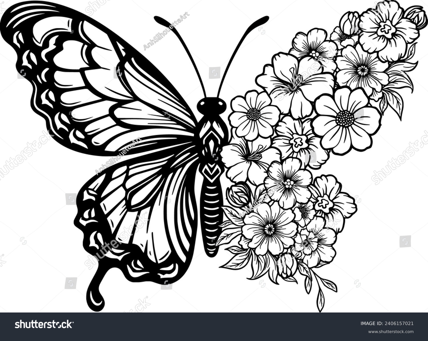 SVG of Floral Butterfly, Butterfly, Flower Butterfly Cricut Files, Butterfly Wildflowers Laser Cut File svg