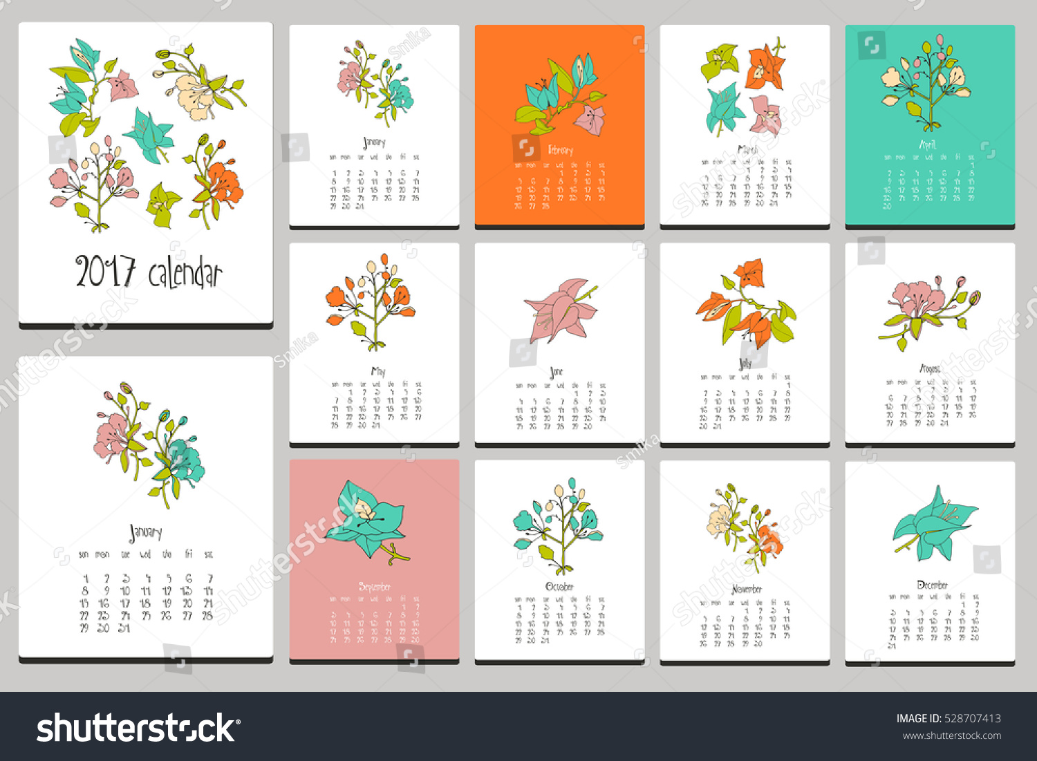 Floral Calendar. Hand Drawn Doodle Elements. Stock Vector Illustration