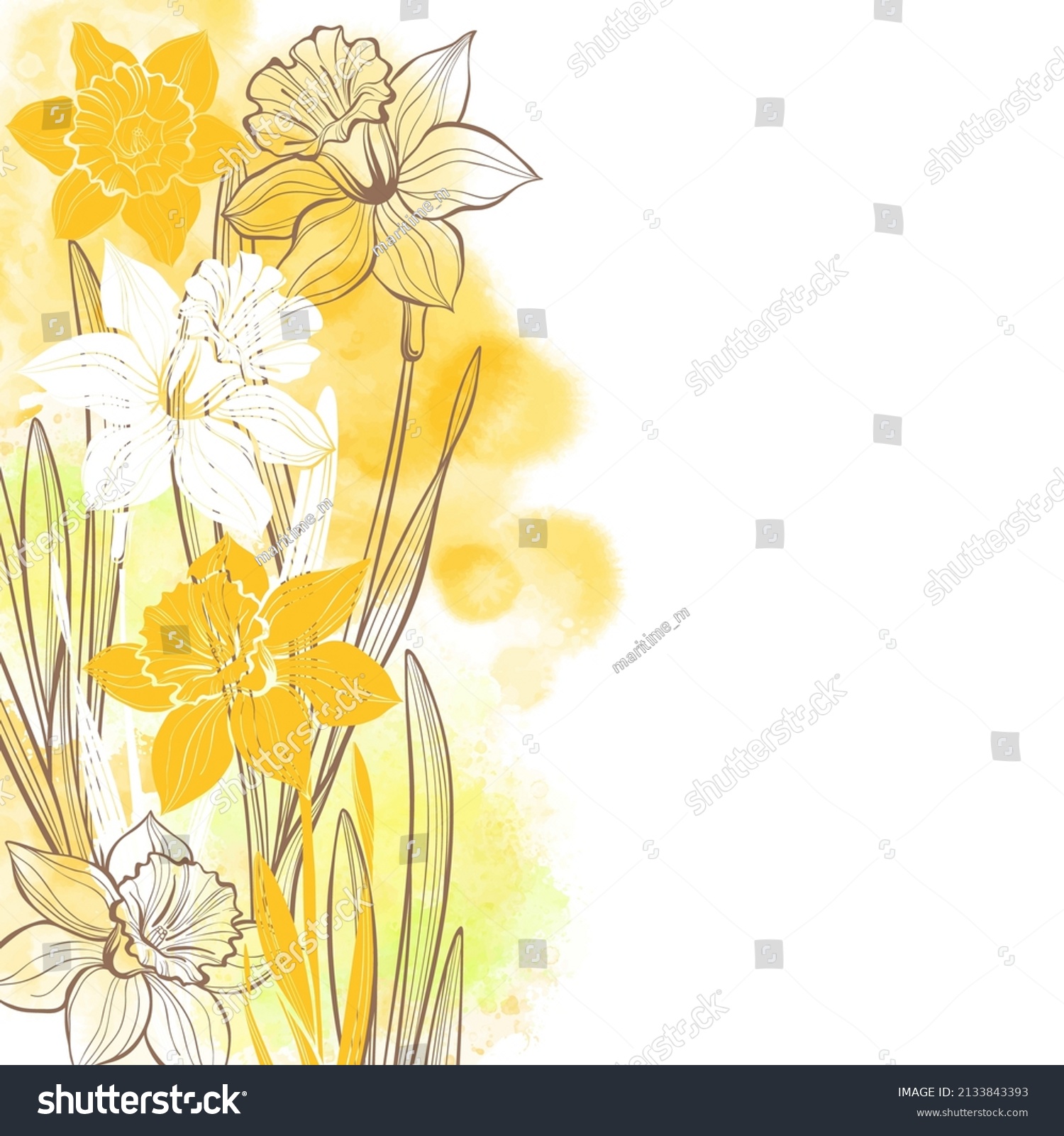 SVG of Floral design with daffodil flowers on a yellow watercolor background. Vector illustration with place for text.  Greeting card, invitation or isolated elements for design. Vertical composition. svg