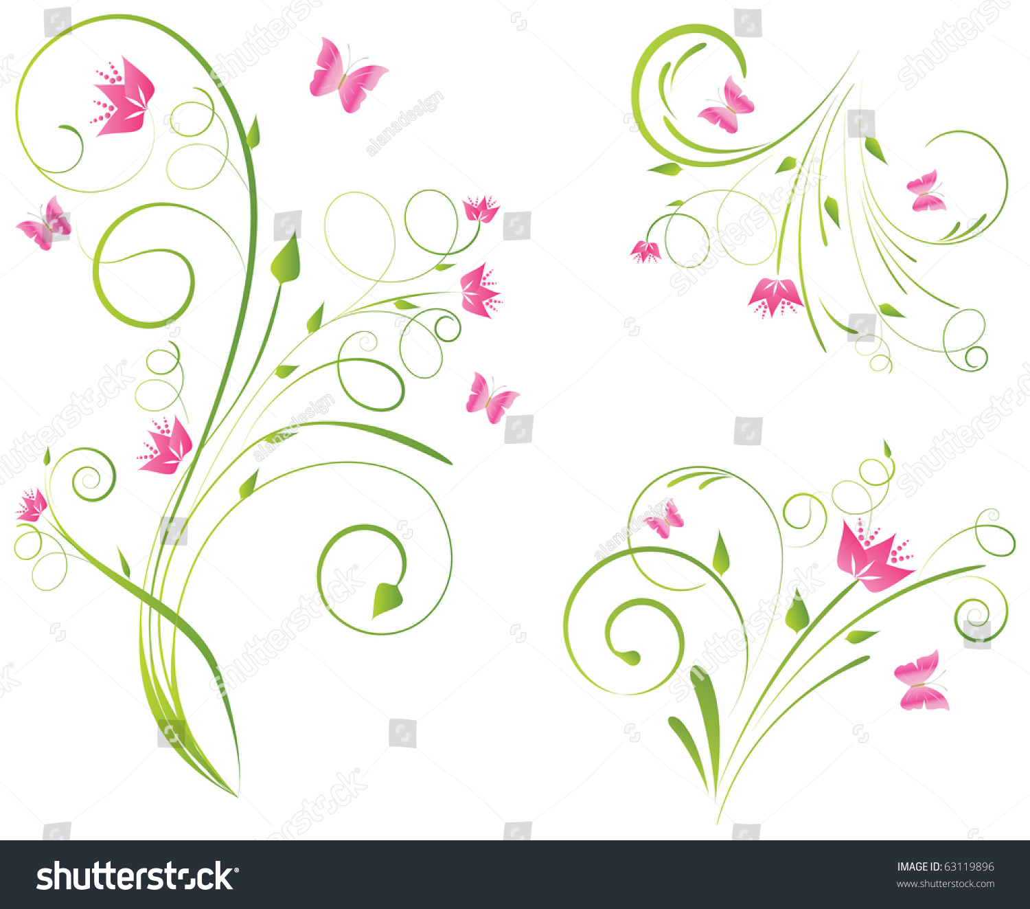 Floral Designs Pink Flowers Butterflies Stock Vector