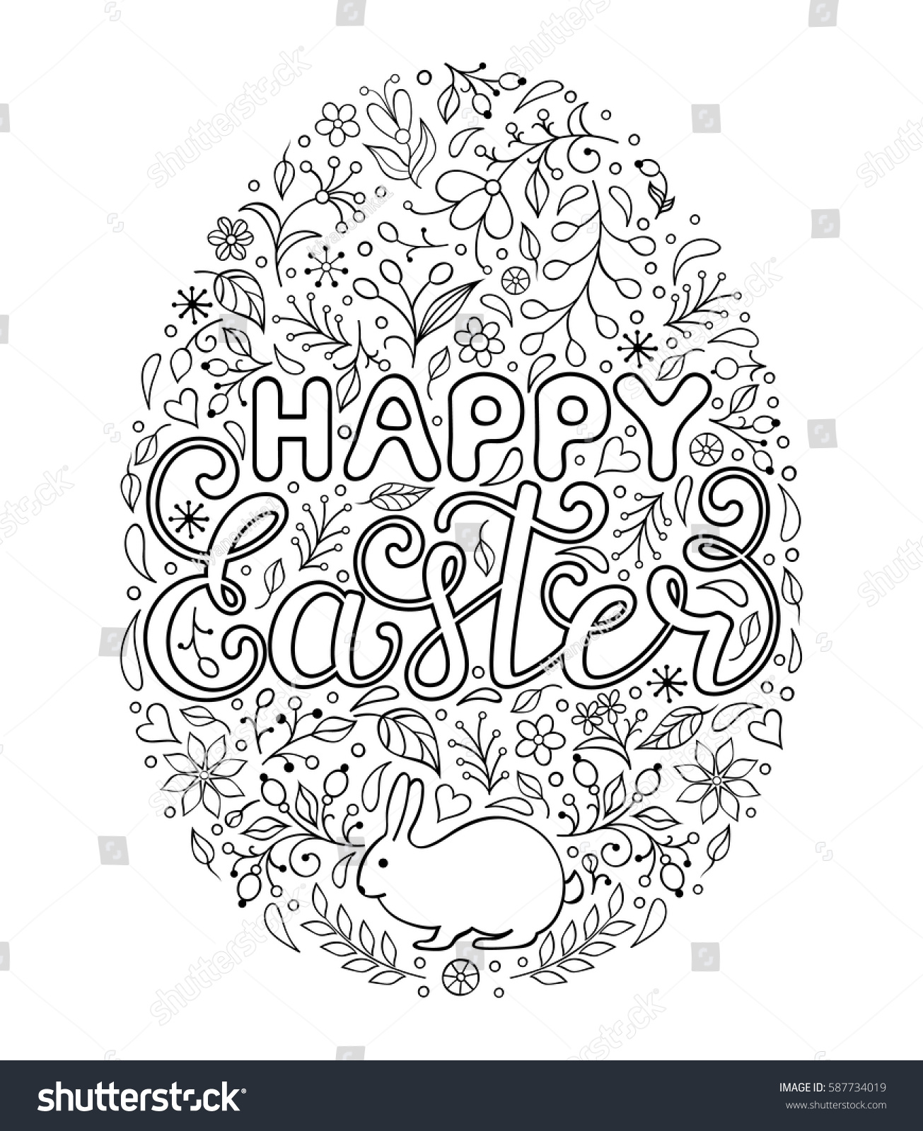 Floral easter egg with handwriting inscription Happy Easter on white background Coloring page for children