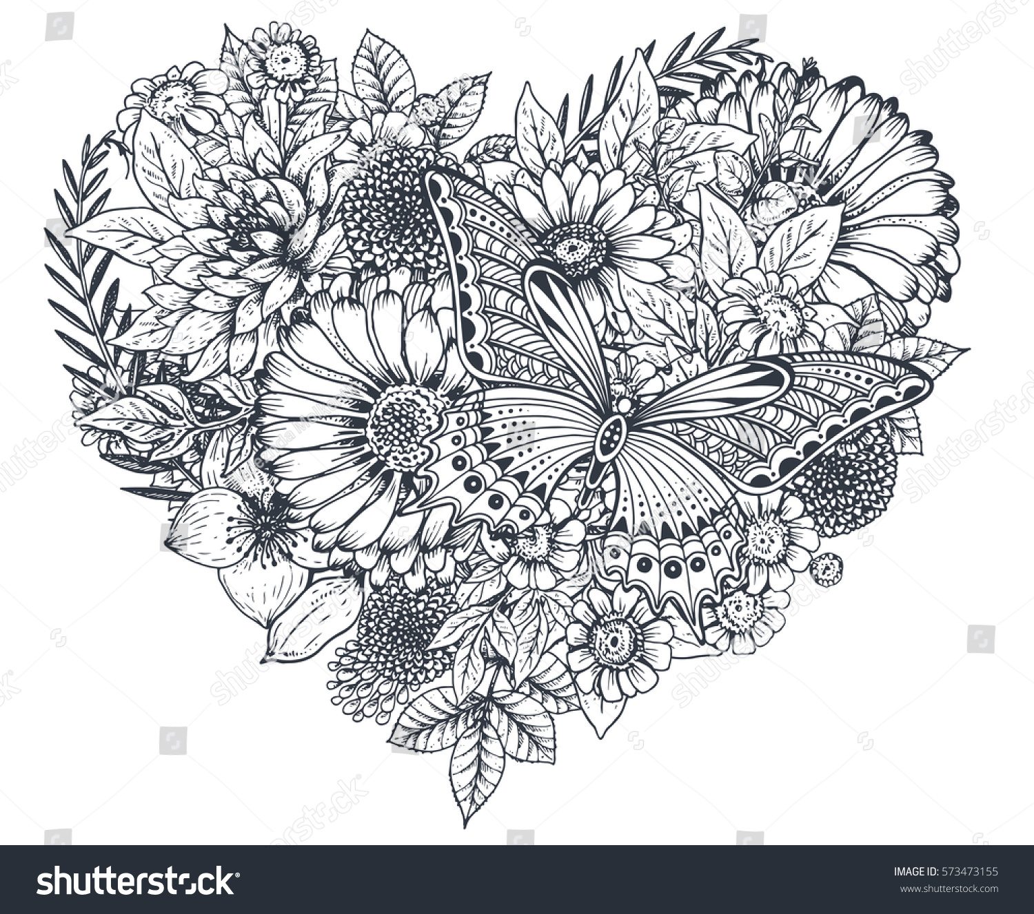 Floral Heart Bouquet Composition Hand Drawn Stock Vector 573473155 - Shutterstock