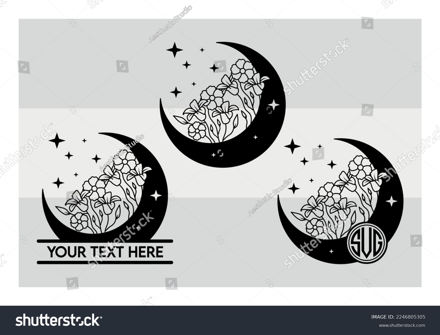 SVG of Floral Moon SVG, Crescent Moon With Flower Svg, Celestial Floral Moon, Luna Svg, Boho Moon, Wildflower,Monogram,  stencils, clip art  image files Svg Files For Cricut, Dxf, Png, Eps svg