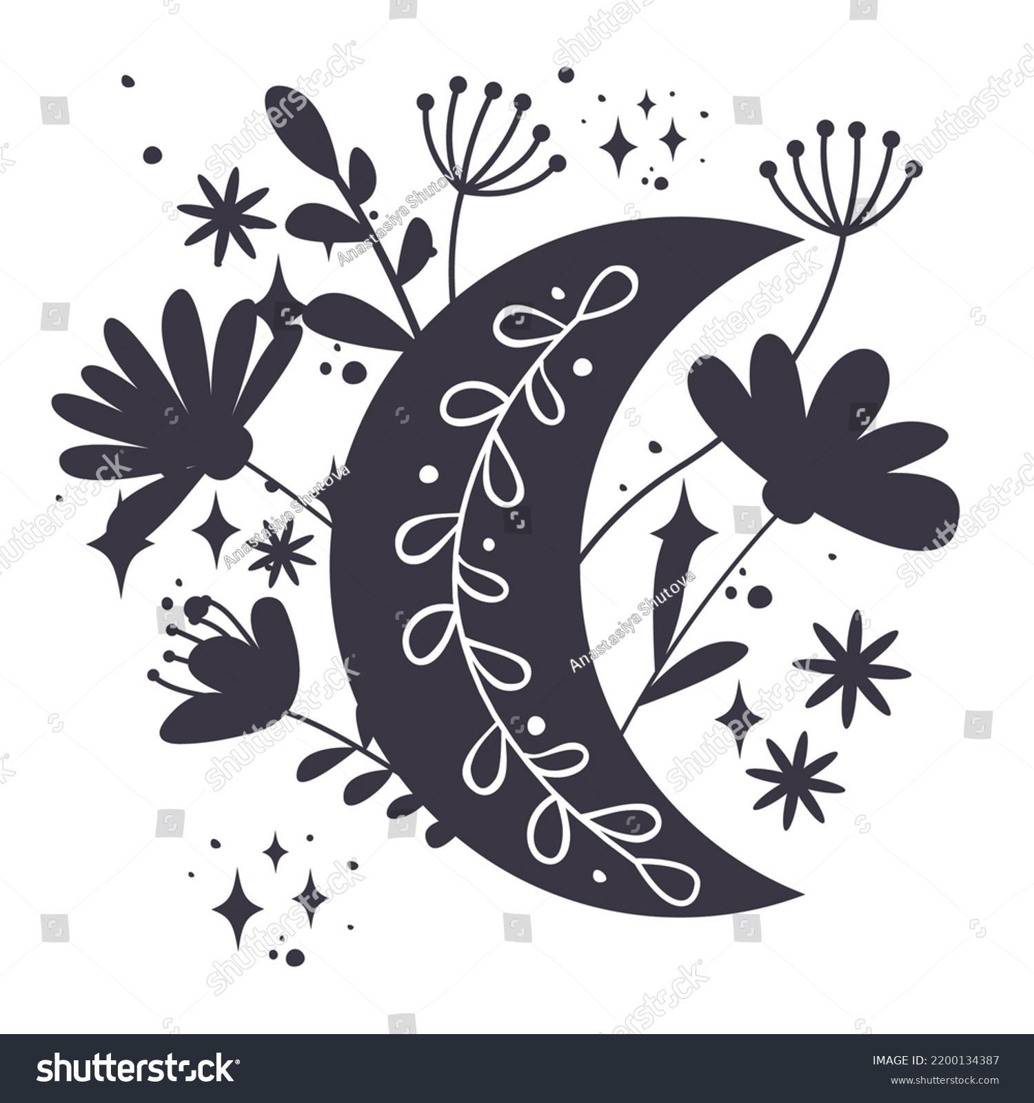SVG of Floral moon Svg cut file. Crescent moon with wildflowers and leaves vector illustration isolated on whie background. Boho shirt design. Celestial Svg svg