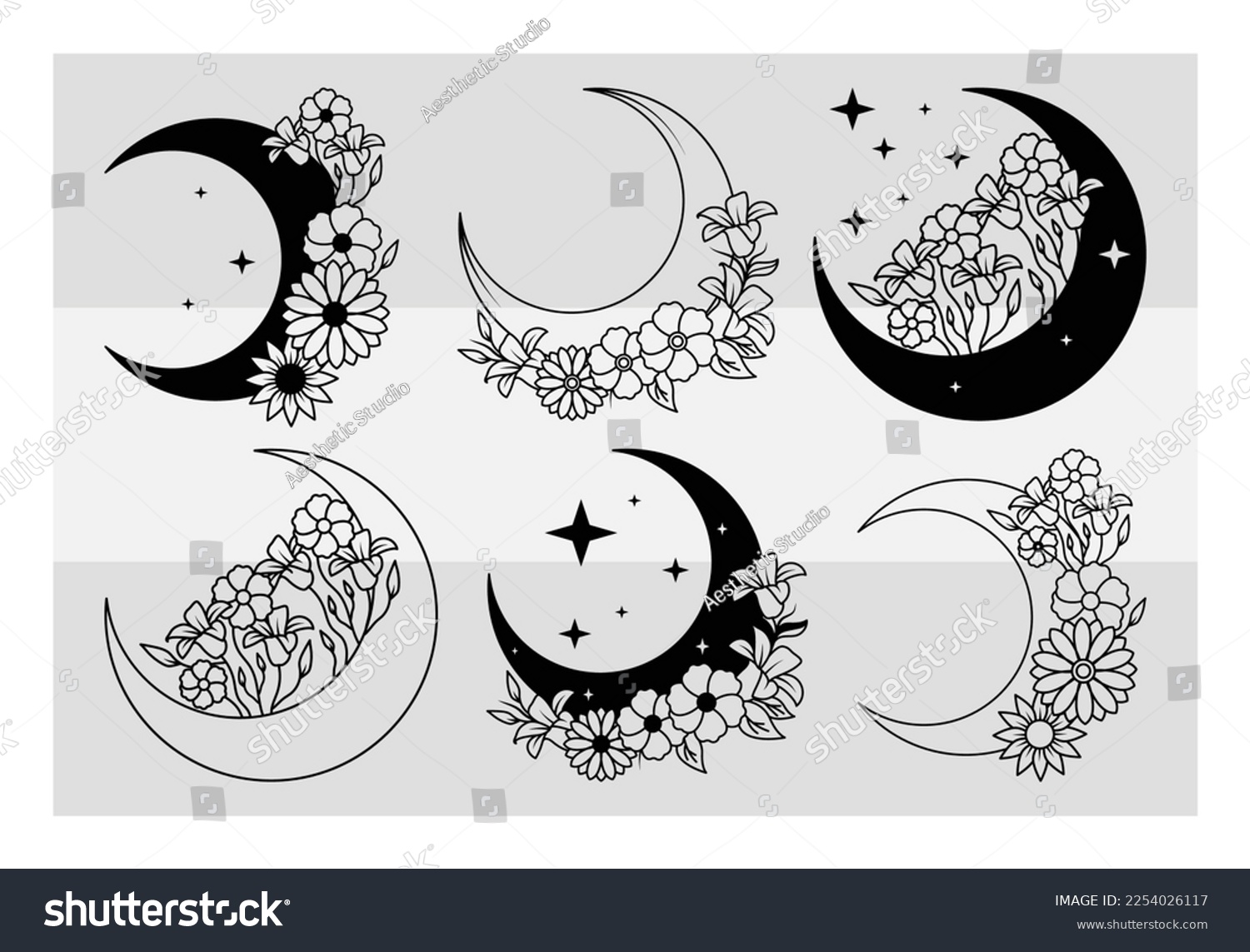 SVG of Floral Moon SVG, Floral Moon Bundle, Crescent Moon With Flower, Celestial Floral, Luna, Moon Svg, Wildflower svg, Svg Files For Cricut svg
