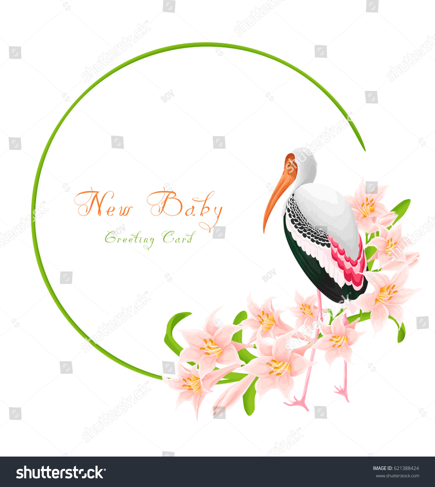 floral new baby greeting card stork stock vector (royalty