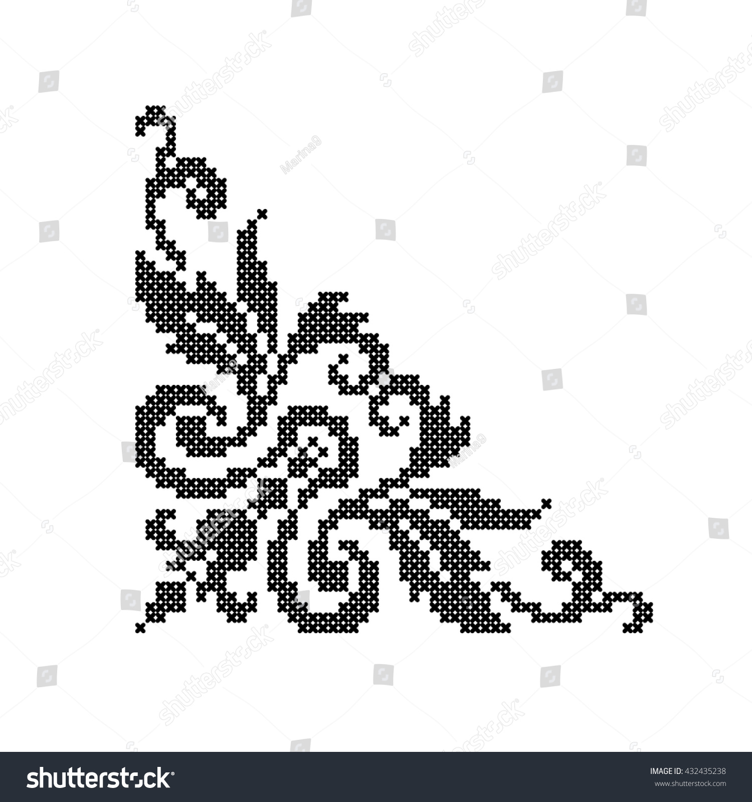 Floral Ornament Corner Pattern Scheme Of Knitting And Embroidery Cross Stitch Vector