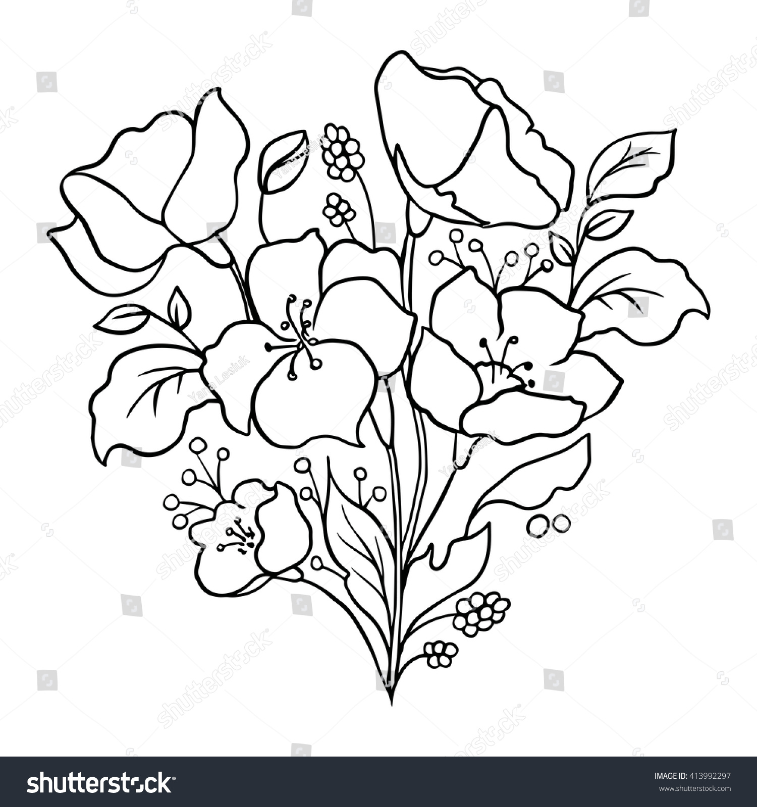 Floral Outline Silhouette Flowers Contour Drawing Stock Vector