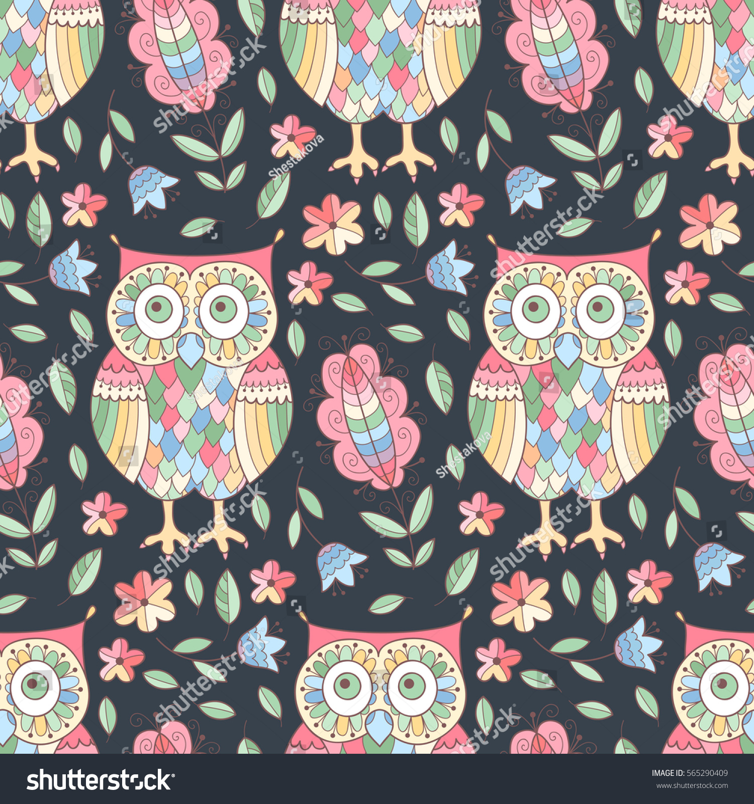 Floral Owl Vector Seamless Pattern Cute Stock Vector 565290409