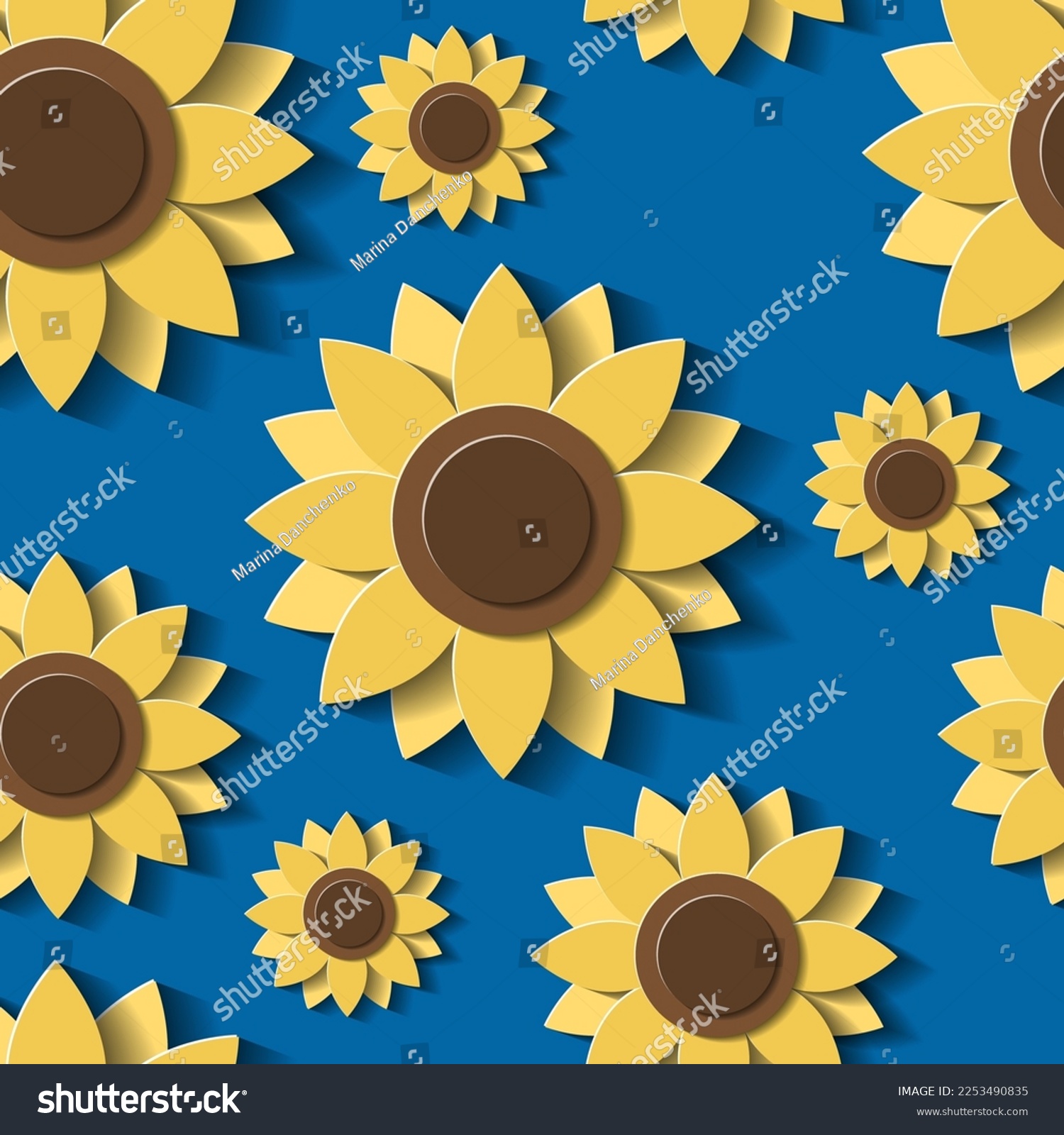 SVG of Floral seamless pattern. 3d Sunflowers on blue background. Yellow flowers in paper cut style. Vector illustration. svg