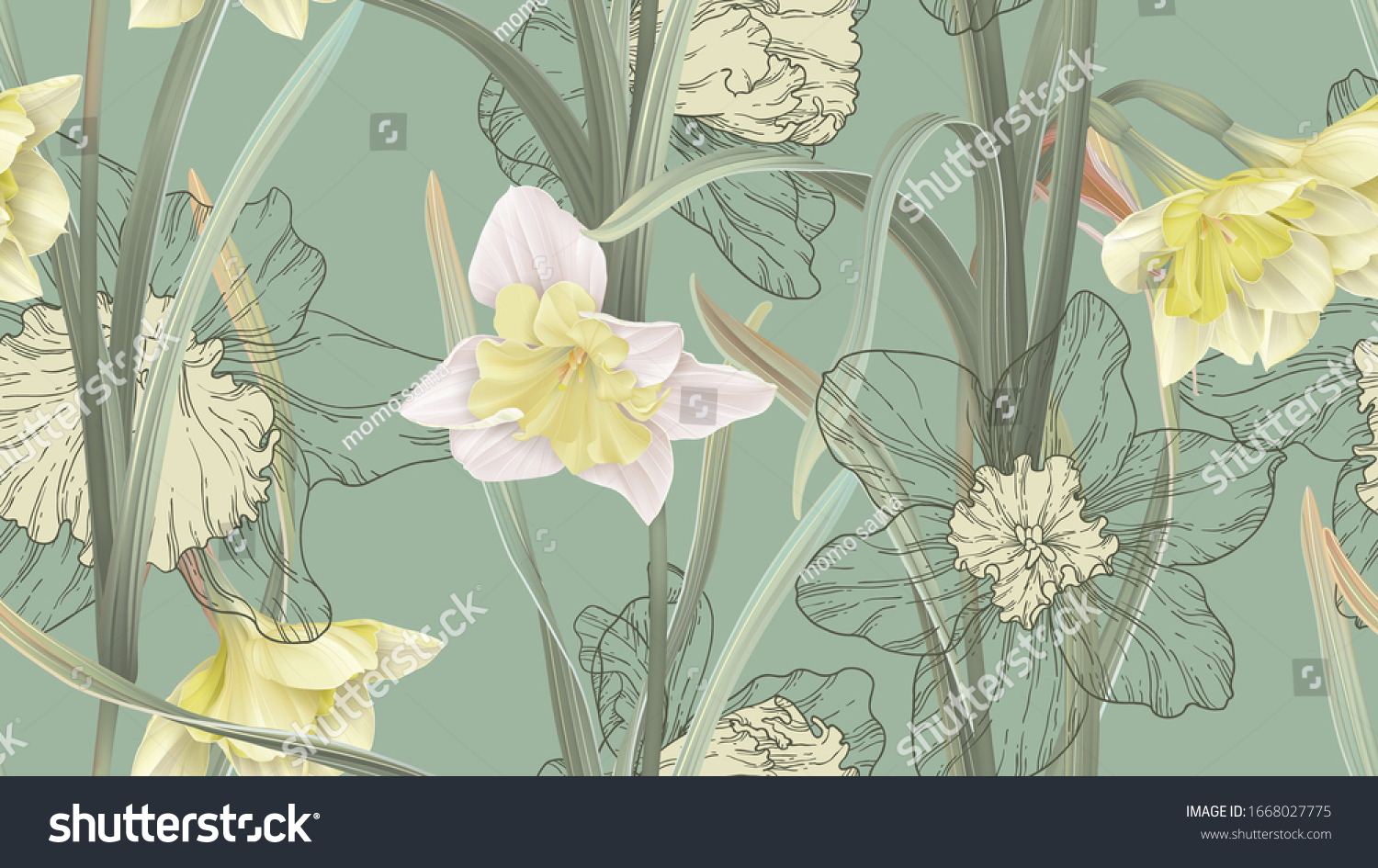 SVG of Floral seamless pattern, daffodil flowers with leaves on green svg