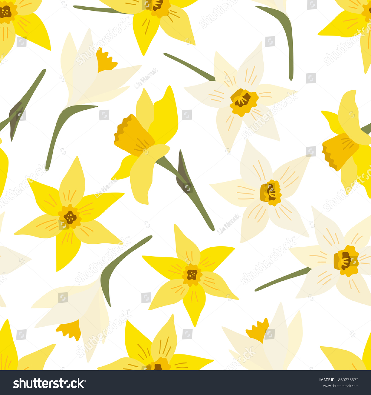 SVG of Floral seamless pattern with spring flowers. White and yellow narcissus. Isolated vector illustration. Background for wrapping paper, textile, wallpaper, scrapbooking. Flat cartoon design. svg